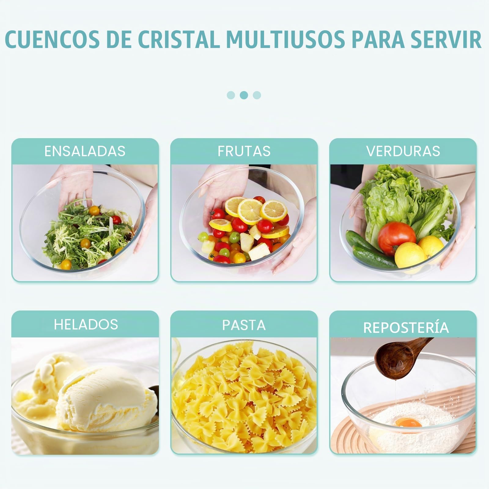 Luvan Juego de 3 Cuencos de Vidrio para Mezclar con Tapa (4.2L, 2.5L,1L),Ensaladeras Redondas Grandes para Cocina, Ideal para Almacenar Alimentos, Cocinar, Hornear, Preparar, Apto para Lavavajillas