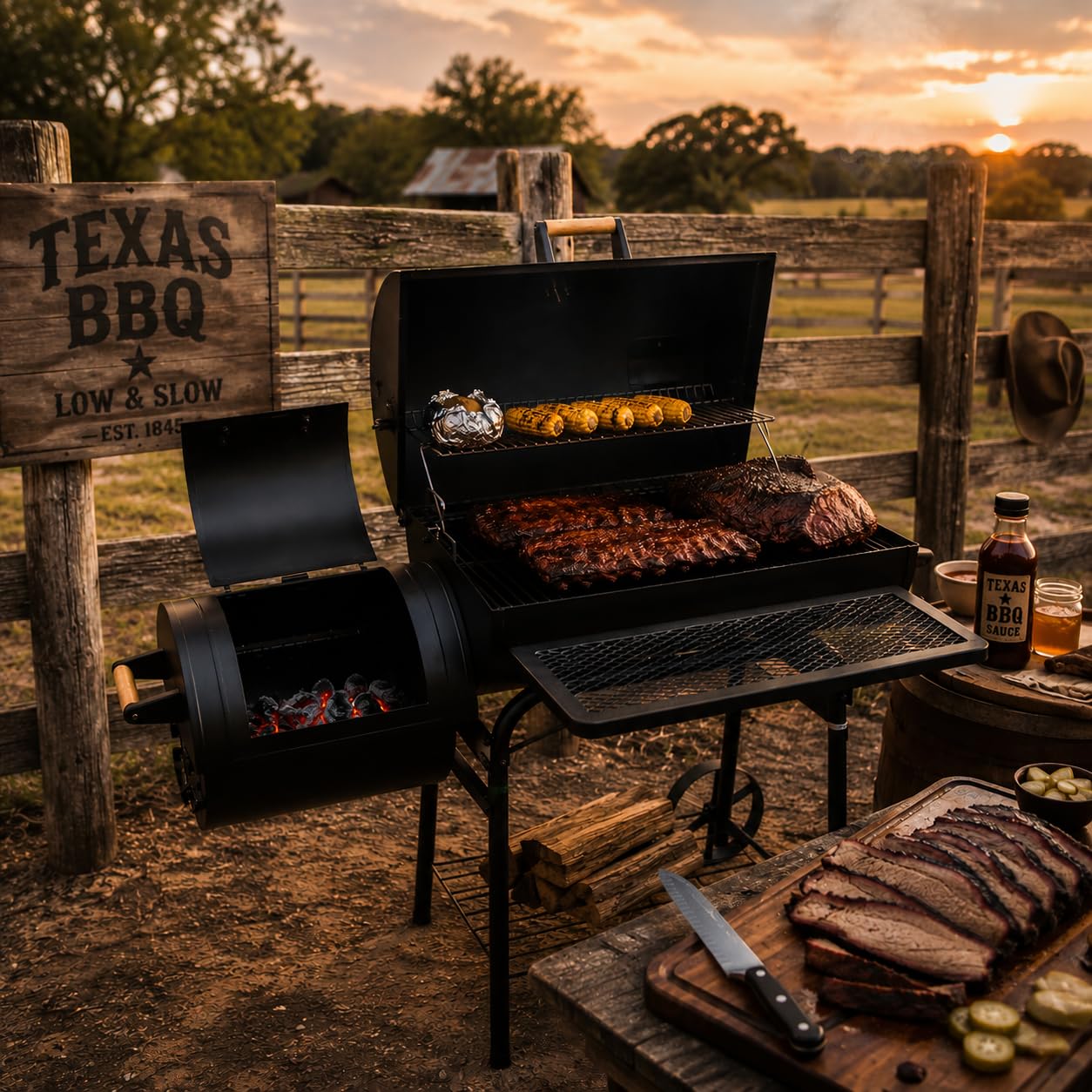30 Kg Smoker Grill mit Abdeckhaube XL BBQ Smoker GRILLWAGEN Holzkohle Grillkamin Standgrill Räucherofen Zubehör Holzkohlegrill Schwarz Räuchergrill mit Thermometer & Rädern Deckelthermometer