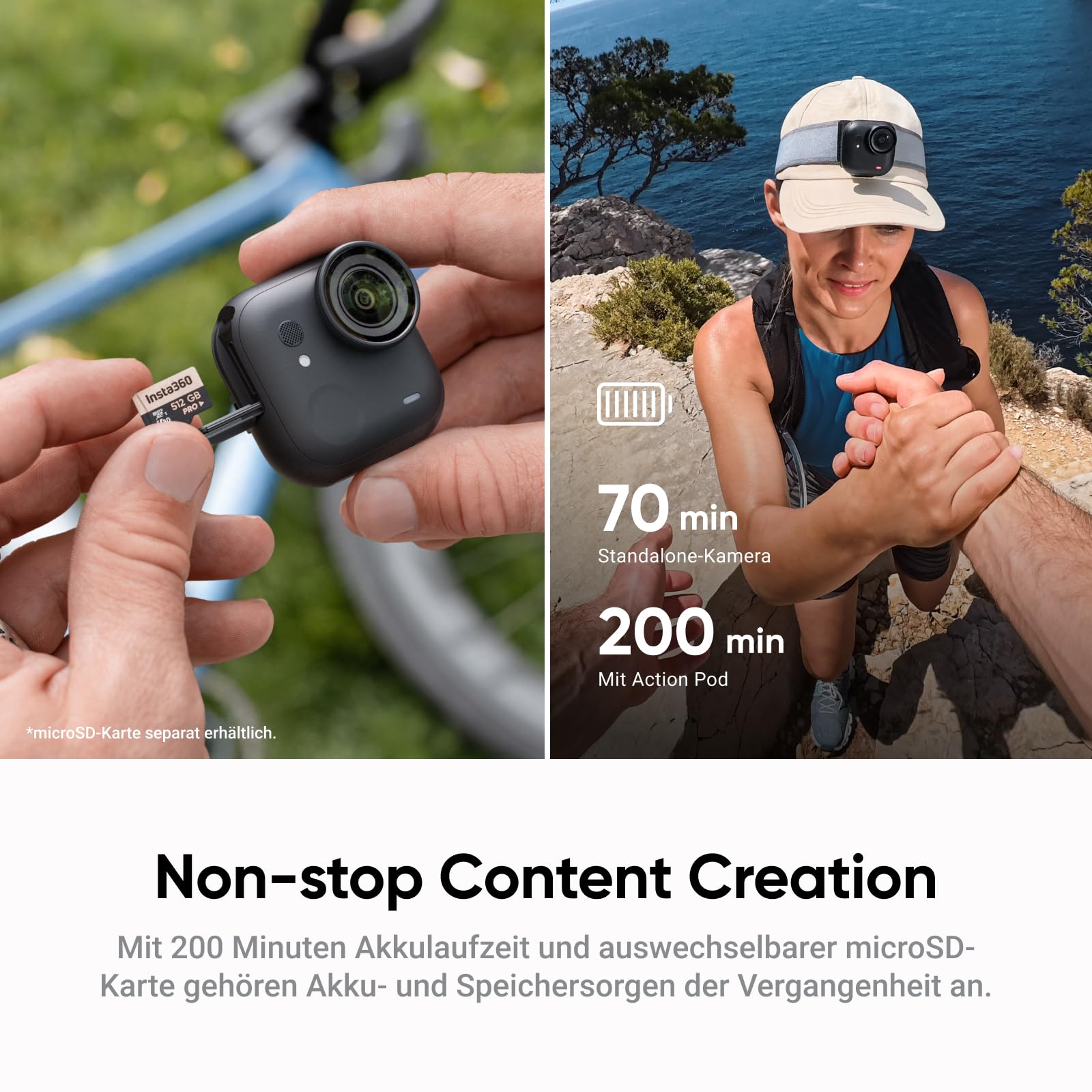 Insta360 GO Ultra Fahrrad-Bundle Nachtschwarz - freihändige 4K Mini-Cam, leicht & mobil, top bei wenig Licht, überall anbringbar, FlowState-Stabilisierung, 200 Min Akku, 10 m wasserdicht