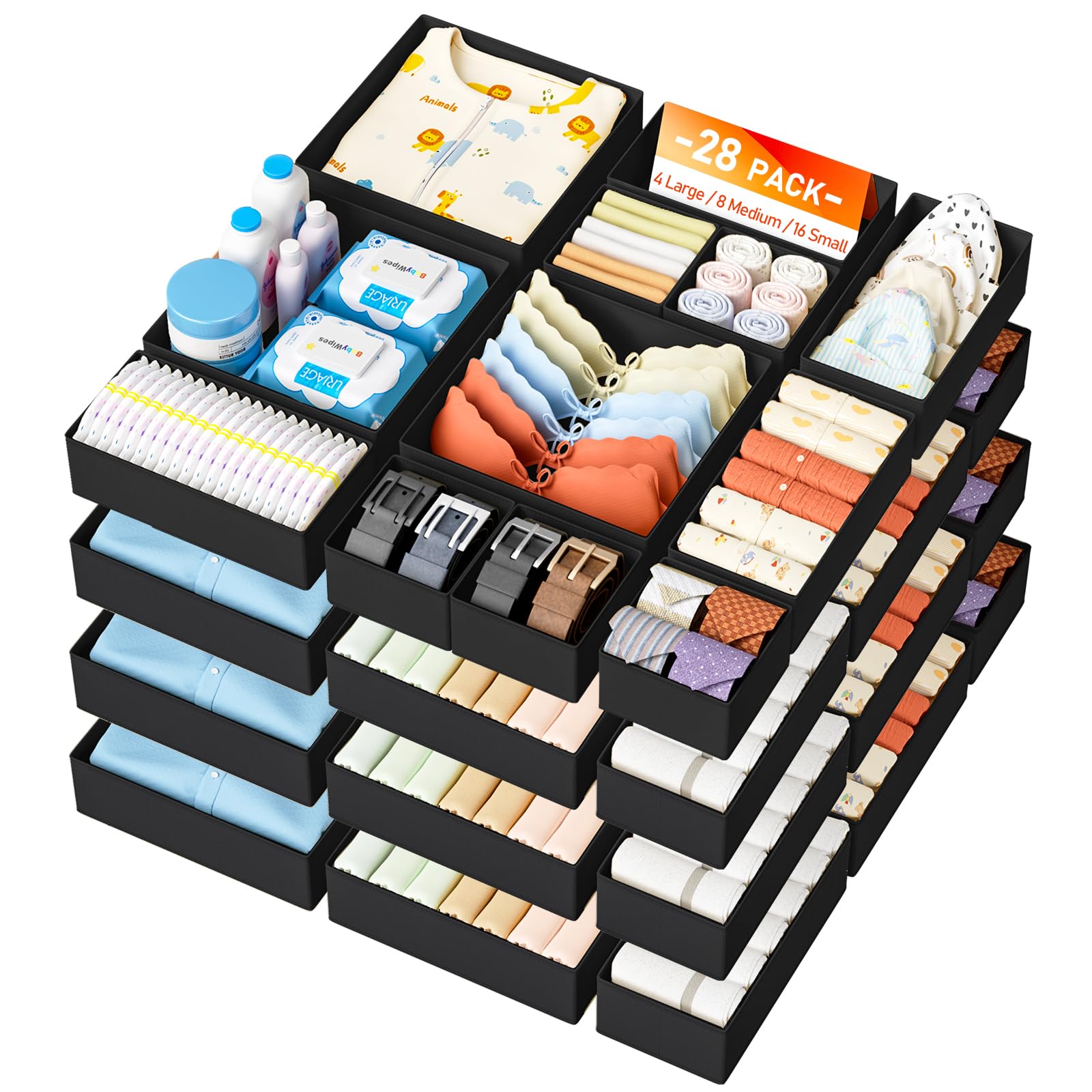 DIMJ 28Pack Fabric Drawer Organisers – Storage Drawers for Wardrobe, Dresser, Nursery – Clothes Drawer Organiser Bins, Dividers for Drawers, Foldable Boxes