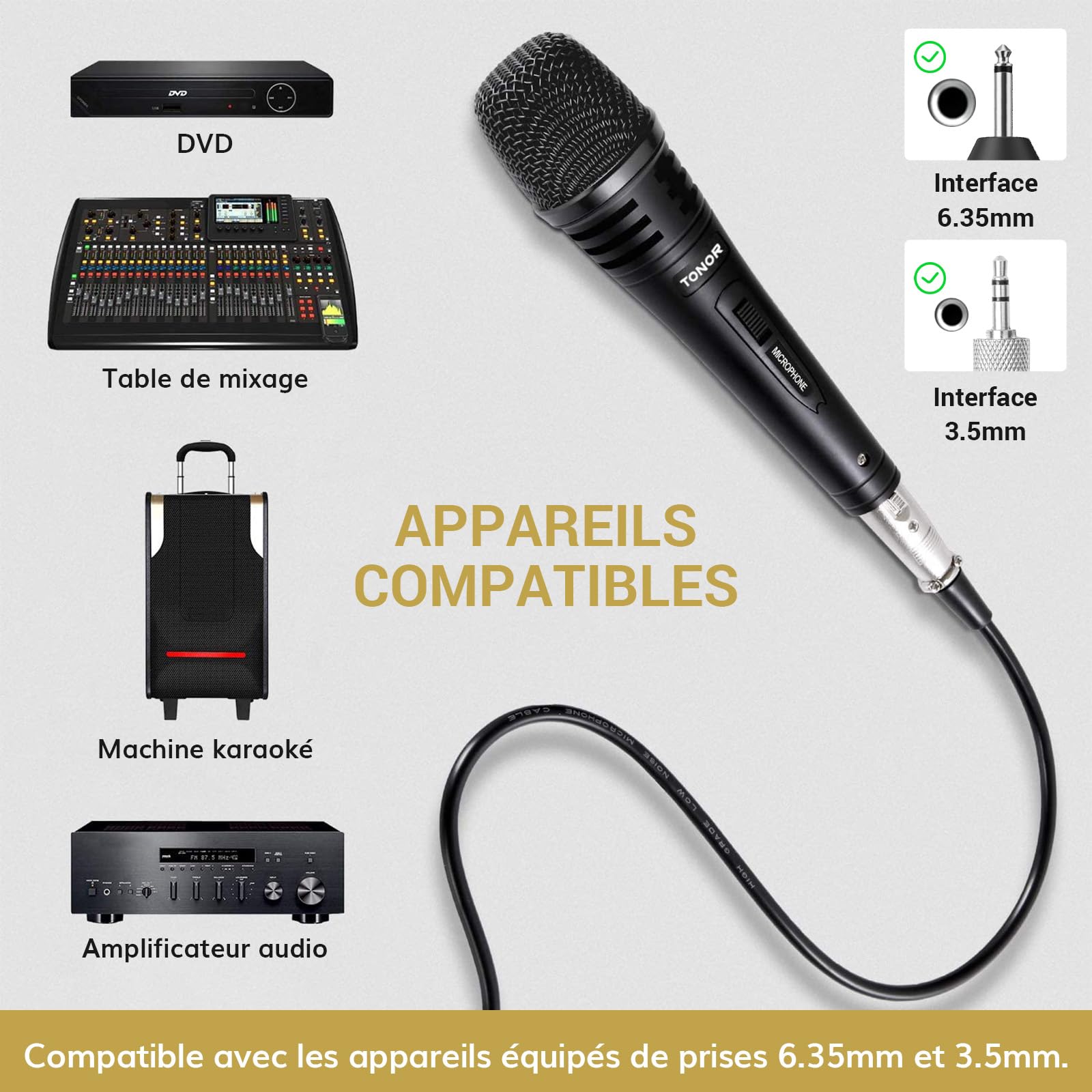 TONOR Micro Karaoke Dynamique avec Cable XLR de 5M(500 cm), Microphone à Main en Métal Compatible avec Les Appareils, DVD, KTV, Les Amplificateurs pour Les Discours, Les Mariages et Les Activités, K1