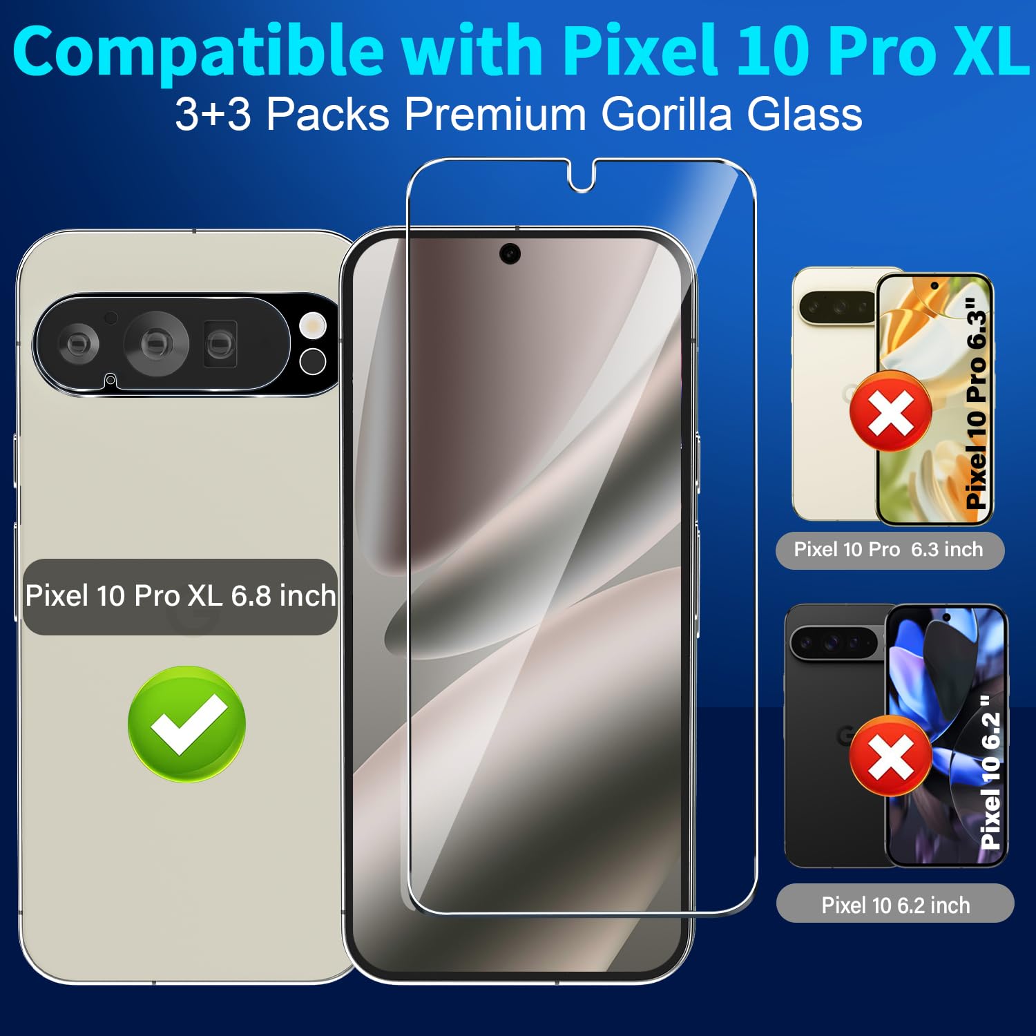 3 Pack Glass Screen Protector for Google Pixel 10 Pro XL [6.8 inch] with 3 Pack Camera Lens Protector, 9H Tempered Glass, Fingerprint Unlock, HD Ultra-thin Bubble-Free
