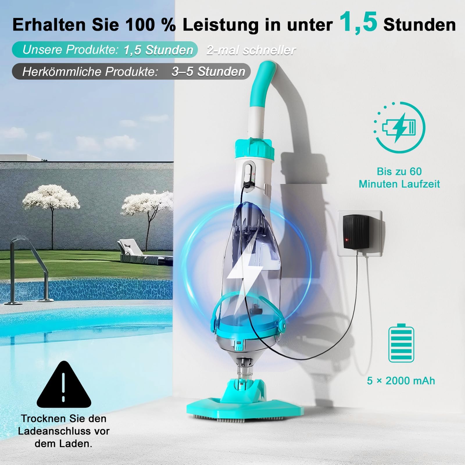 FOTING Poolsauger Akku, Absaugung bis zu 4300L/H, Pool Bodensauger mit Betriebsdauer bis zu 60 Minuten, Poolreiniger mit 4 Filter, Ideal für oberirdische Pools/Spas usw