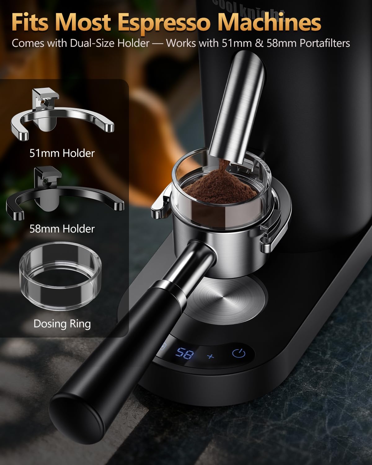COOL KNIGHT Molinillo de café cónico recargable, 60 ajustes de molienda y temporizador de 5 a 98 niveles, molinillo de espresso con tolva de fuelle y soporte para portafiltro, fácil de limpiar
