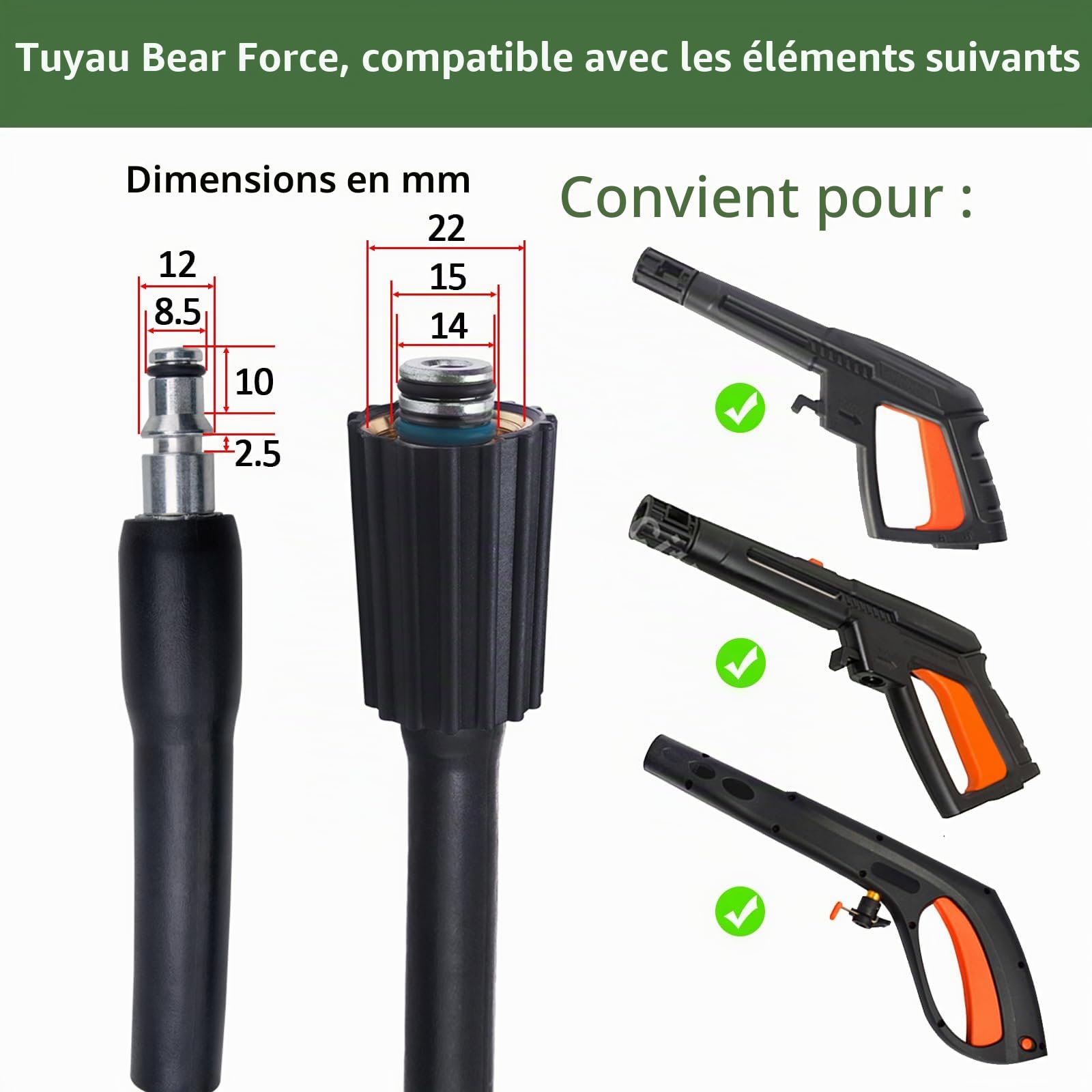 Bear Force - Tuyau haute pression de rechange de 10 m x 180 bar, compatible avec le nettoyeur haute pression Black & Decker PW1500 PW1700 / AR Blue Clean série 200~500