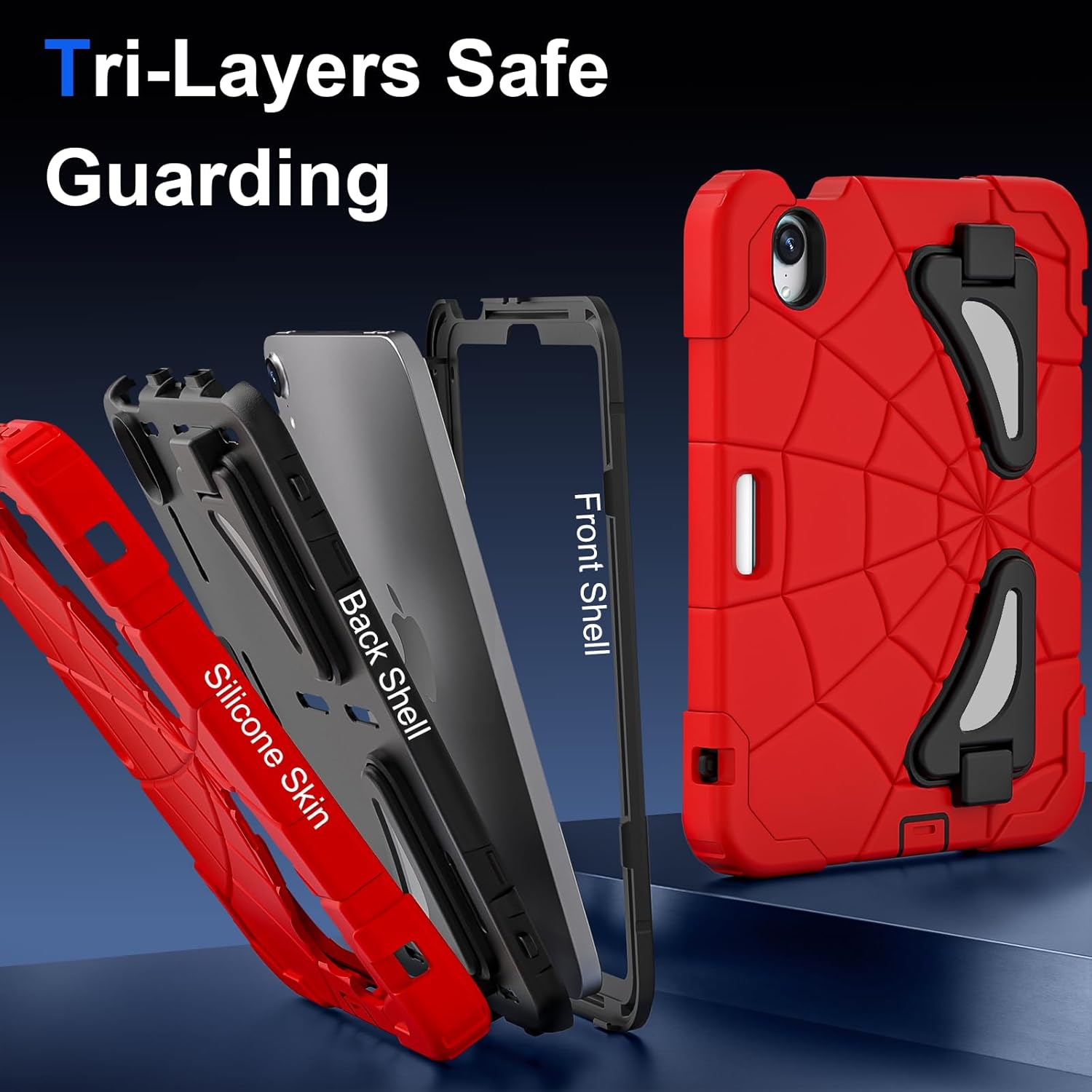 Kids Case for iPad mini 7 A17 Pro 2024/ Mini 6 8.3 inch, Spider Case for iPad mini 7th 6th Generation, Shockproof Durable Full Protective Cover with Pencil Holder, Kickstand (Red+Black)