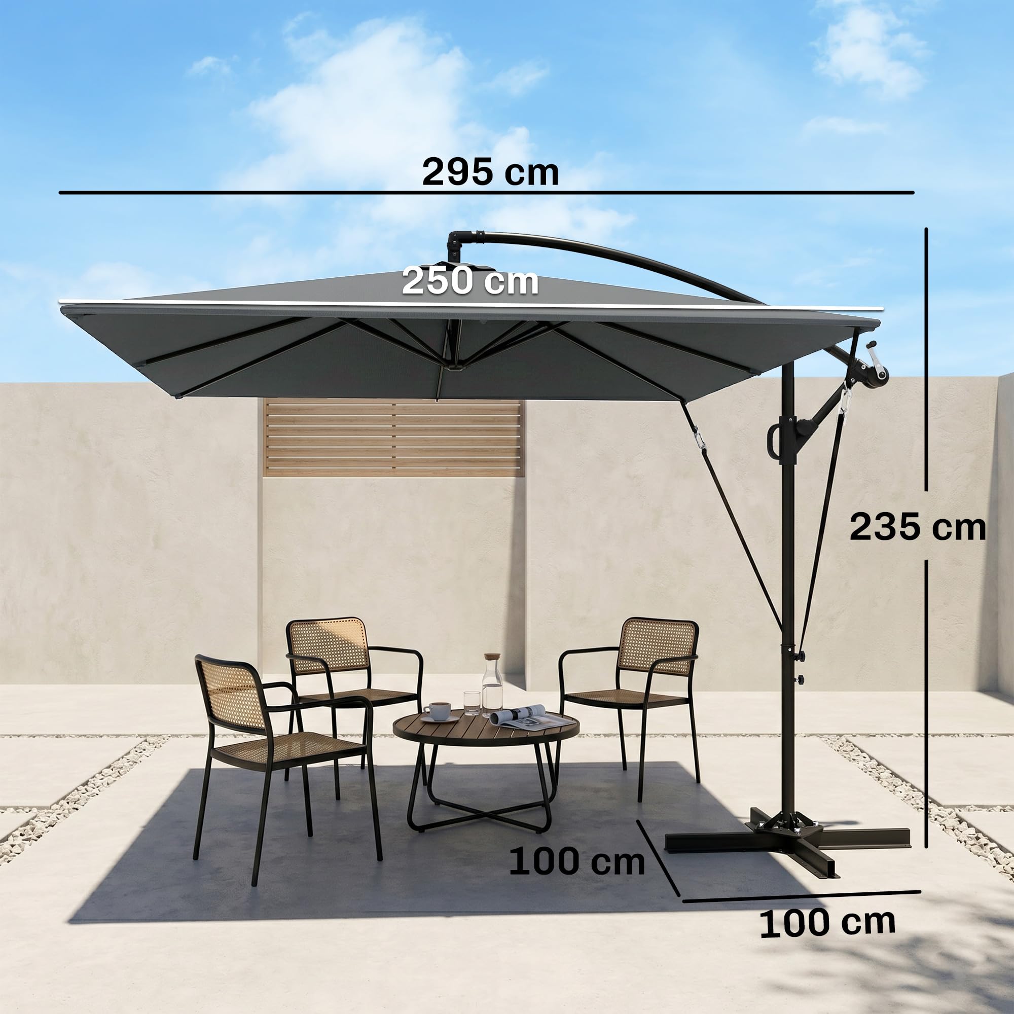 Outsunny Ombrellone Decentrato 2.5x2.5 m con Copertura, Corde Antivento, Base a Croce e Manovella, Ombrellone da Giardino Inclinabile e Girevole a 360° in Metallo e Poliestere 180 g/㎡, UV50+, Grigio