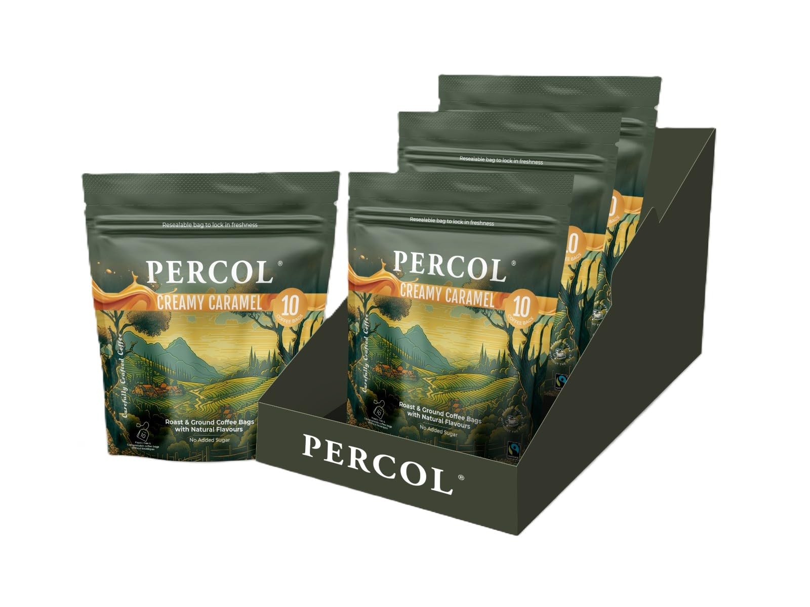 Percol Creamy Caramel Flavoured Ground Coffee Bags – 30 Cups (30 x 8g Bags) – Pack of 3 | Smooth, Indulgent Flavour