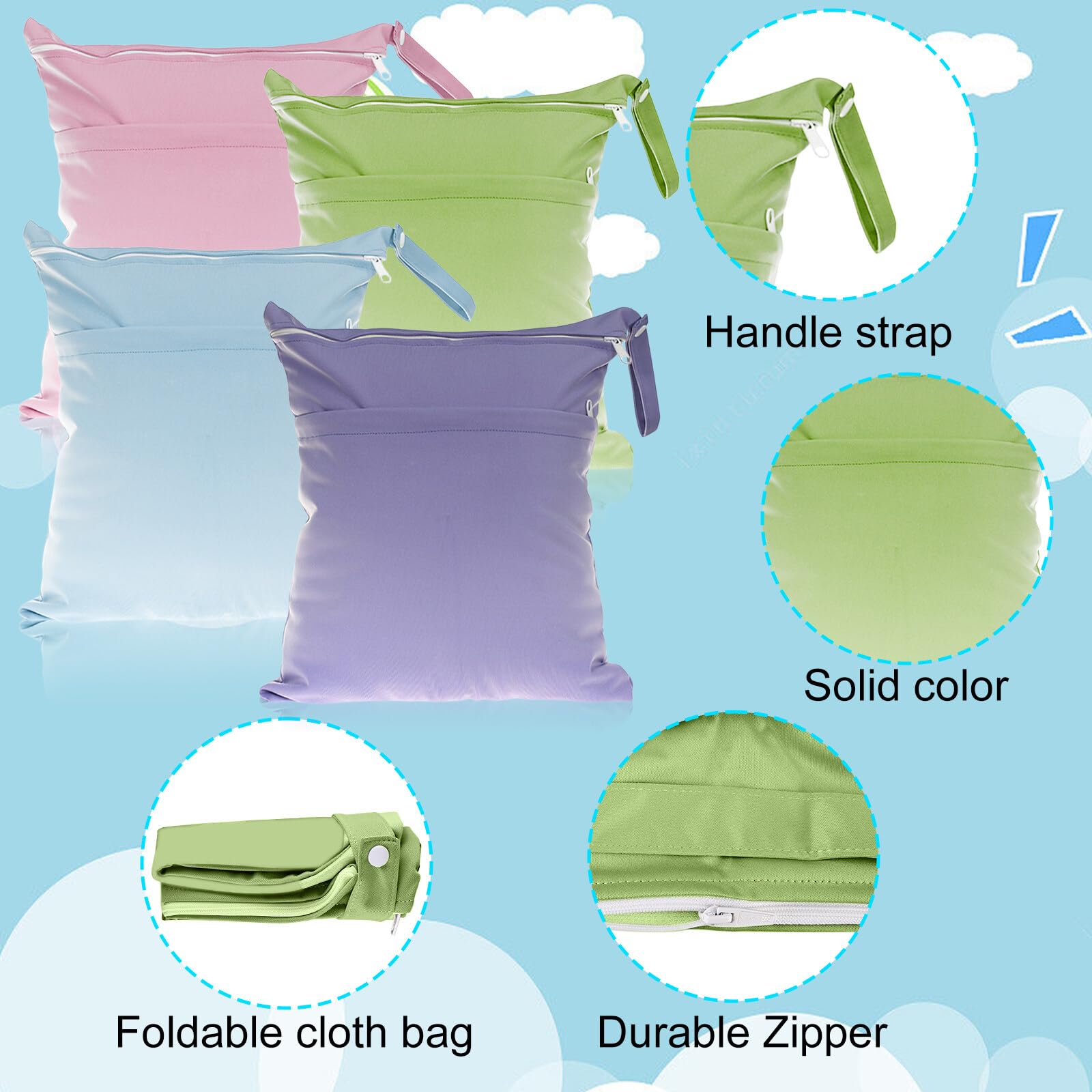 4 sacchetti impermeabili, riutilizzabili per pannolini asilo, grande borsa, chiusura lampo, per bambini viaggi, Sky Blue + Verde Erba, Viola + Rosa