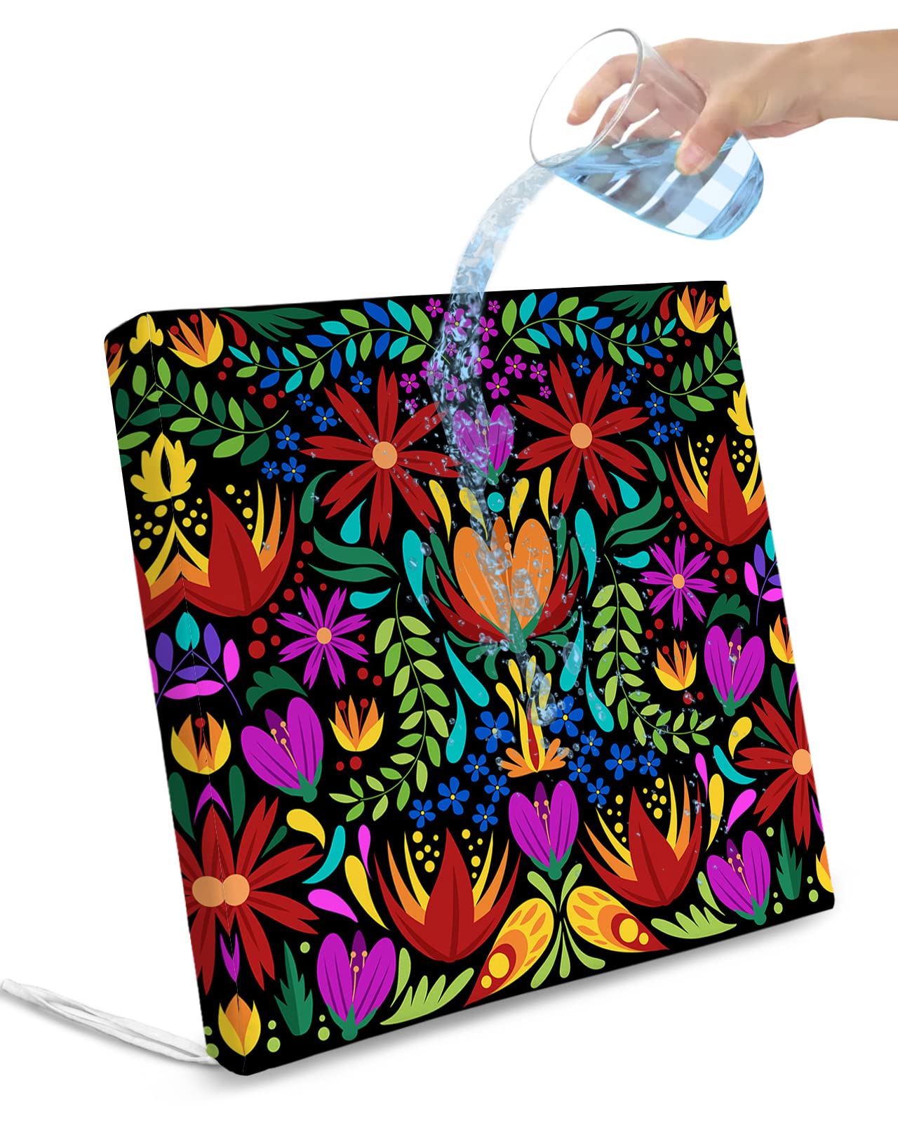 Colorful Spring Floral Outdoor Cushion Chair Cover Set of 4 - Waterproof Couch Seat Covers, Ethnic Mexican Vibrant Colored Patio Furniture Protector Cushions Slipcovers for Sofa/Garden/RV, 22