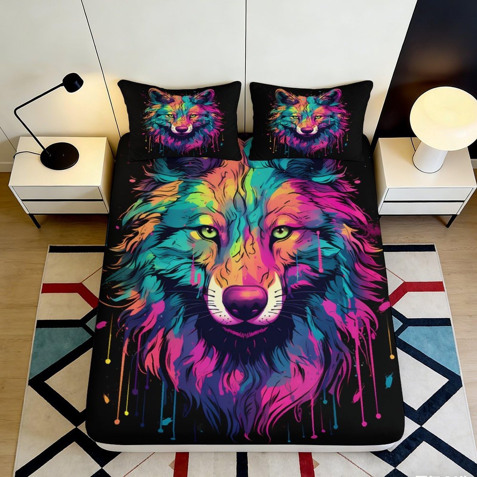 3D Printed Colorful Wolf Fitted Sheet Microfiber Soft Non-Slip Mattress Cover for Bedroom Dorm Mattress Decor 200x200x25cm