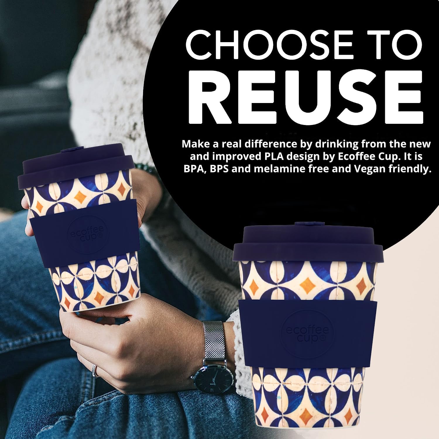 Ecoffee Cup 12oz 350ml Reusable Eco-Friendly 100% Plant Based Coffee Cup with Silicone Lid & Sleeve - Image 3