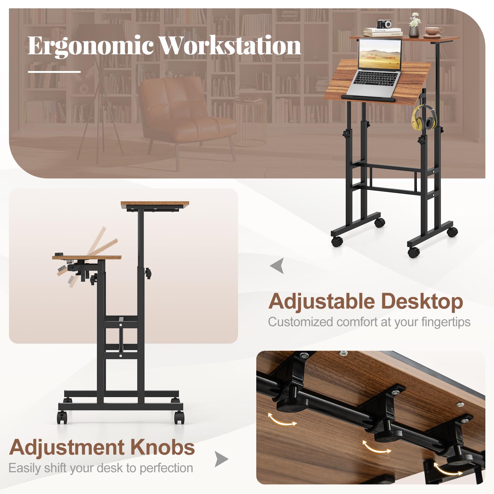 Giantex Mobile Standing Desk Portable Stand Up Desk Adjustable Height with Wheels Tilting Tabletop Hanging Hooks Home Office — view 5
