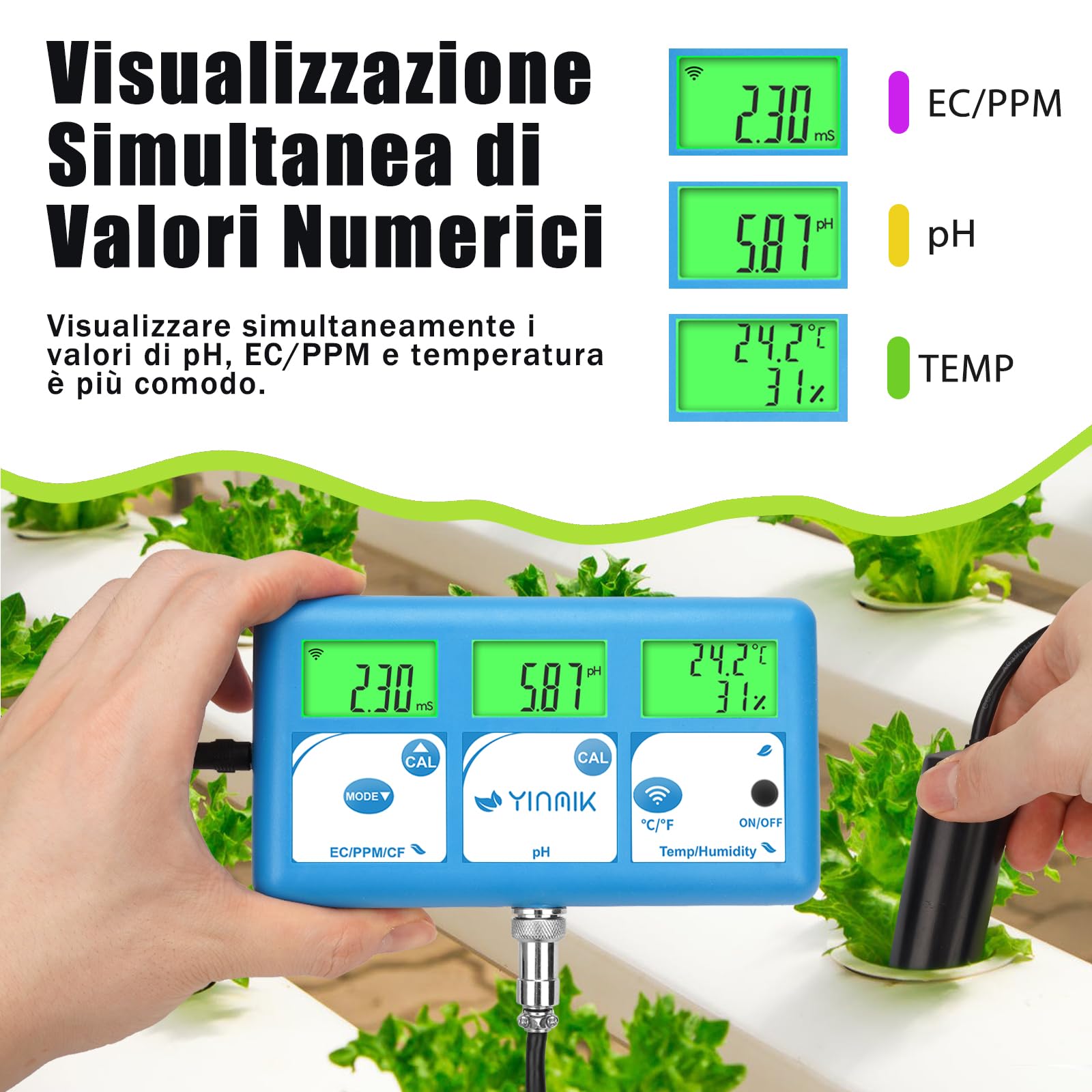 YINMIK Monitor EC pH per Idroponica Tester pH ppm WiFi | Monitor Continuo Dell'acqua, CF Umidità Temp, Sistema DWC Indoor, Serbatoio Idrico, Giardino Aeroponico