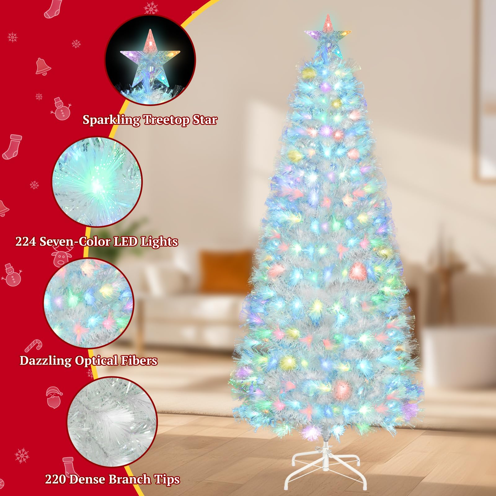 Uten artificiale Albero di Natale bianco 180 cm in fibra ottica, 220 punte, luci LED 7 colori, rami in PVC ignifugo, base in metallo, decorazione interna