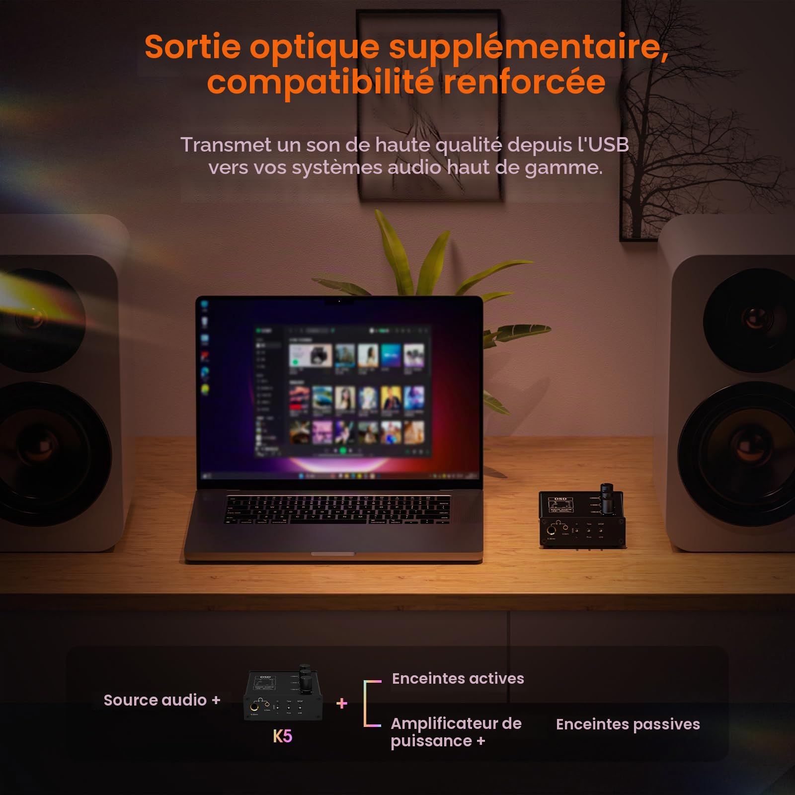 Douk Audio K5 PC DAC Amplificateur pour Casque avec USB & entrée Optique DSD256 pour amplificateur, Haut-parleurs, Mac, Ordinateur