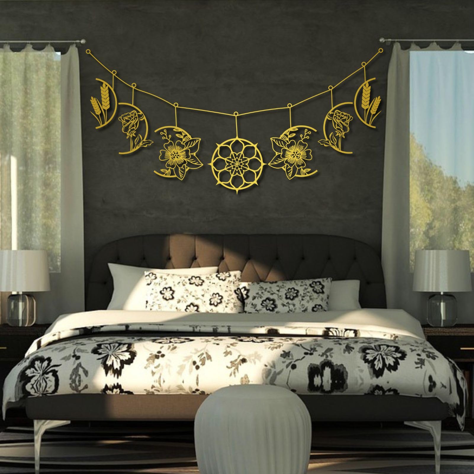 Arte de Pared de Fase Lunar de Metal Plateado Arte de Pared de Estilo Bohemio Floral de Granja Decoración de Arte de Fase Lunar Escultura Moderna para Sala de Estar, Dormitorio, Pasillo y decoración