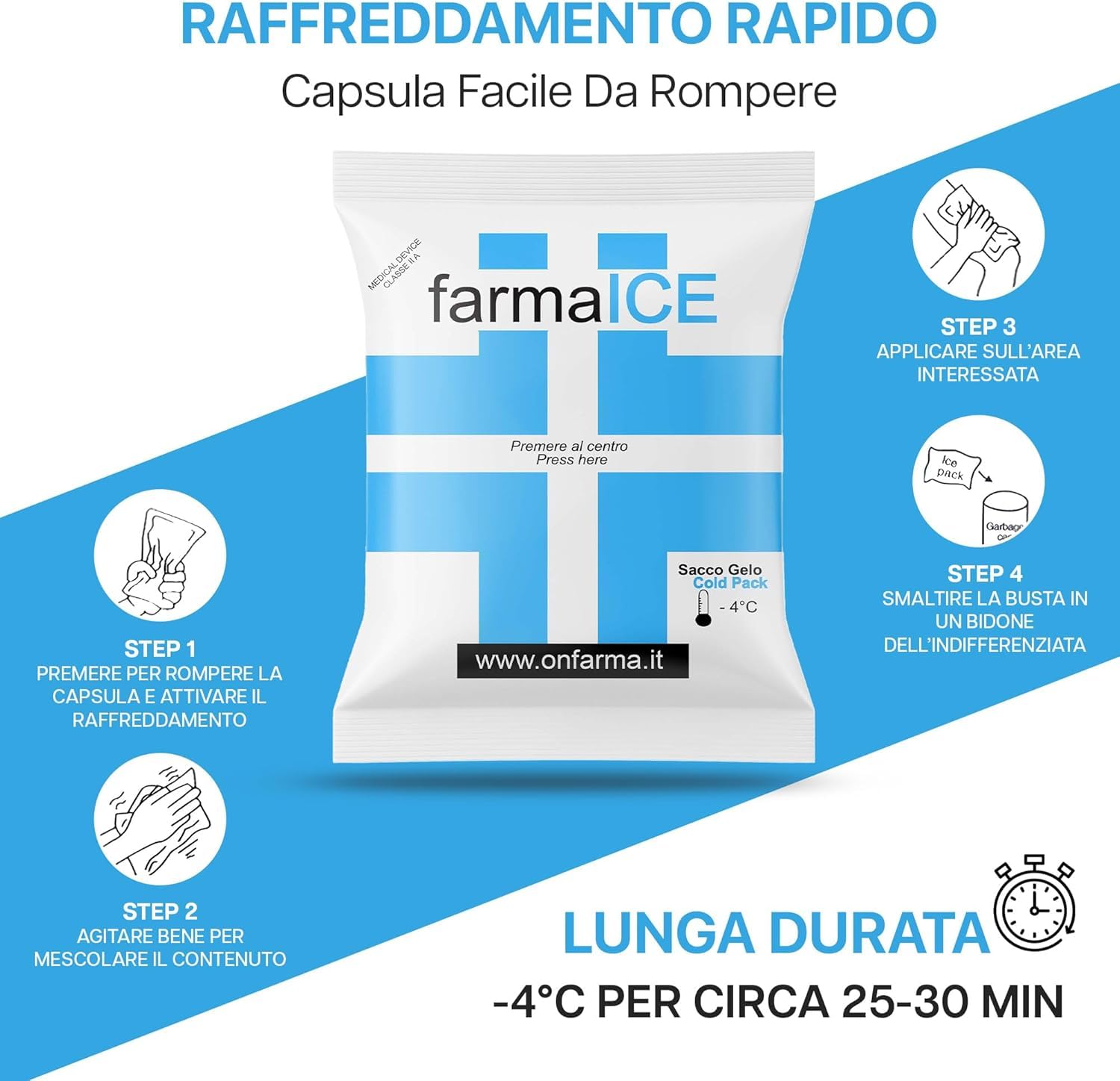 OnFarma FARMA ICE GHIACCIO IN BUSTA ISTANTANEO 20 PEZZI + TASCA PORTAGHIACCIO, Ghiaccio secco Sintetico per Traumi, Sport e Crioterapia, Pronto Uso.