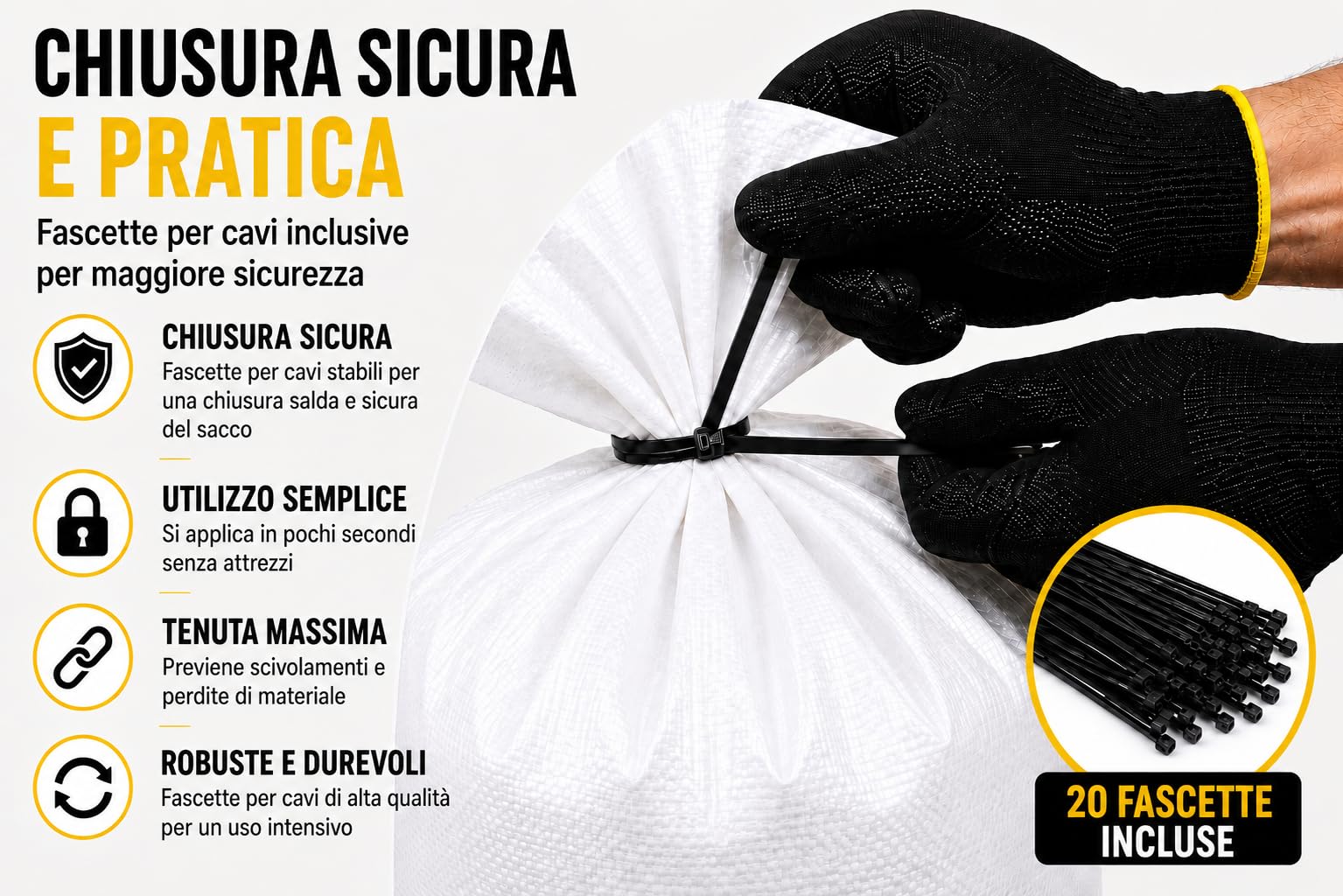 20 sacchetti da cantiere, 95 x 55 cm, in polipropilene intrecciato, ultra resistenti, con 20 fascette e 1 paio di guanti da manipolazione