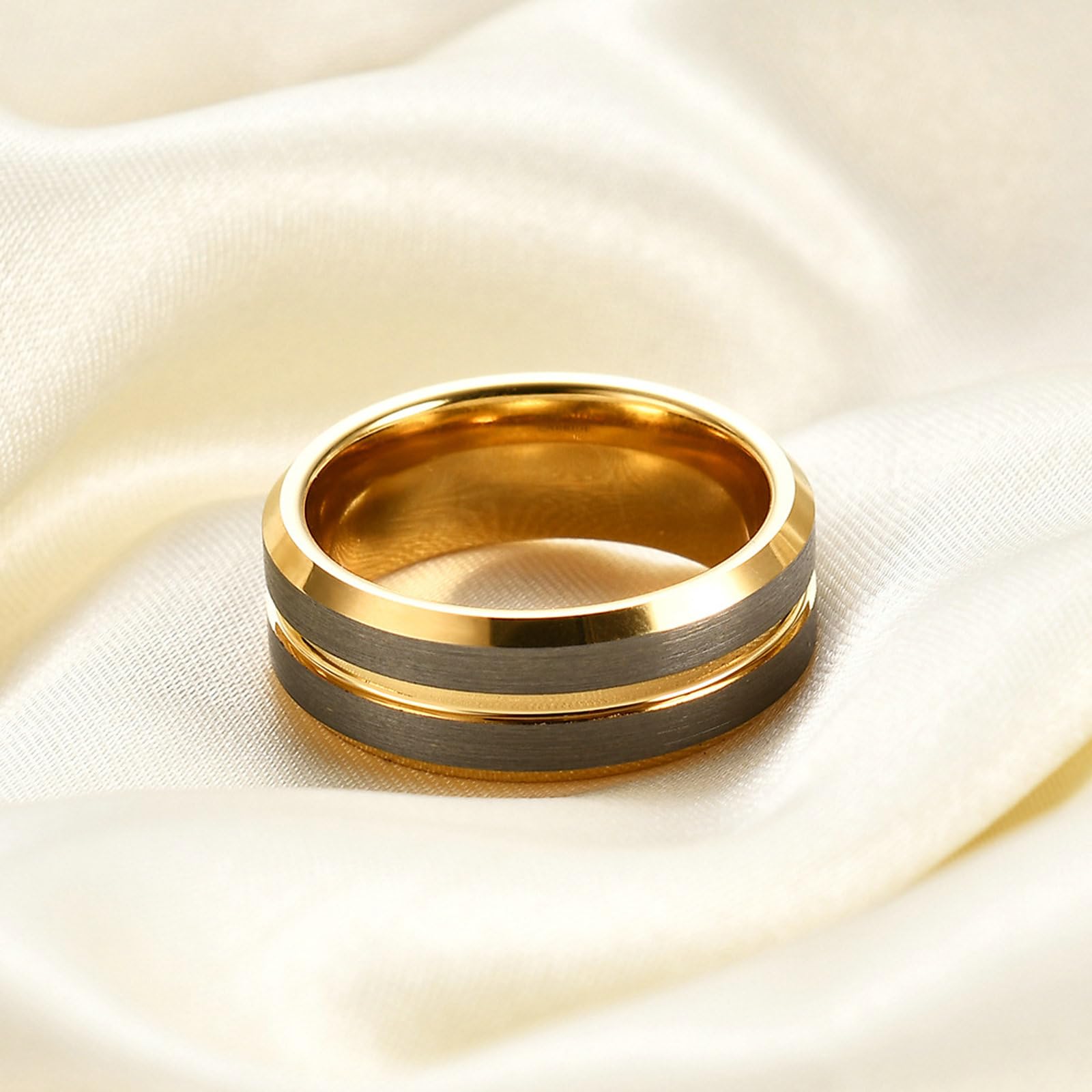 Anello in tungsteno oro e argento da uomo, 8 mm, spazzolato, con scanalatura, anello di fidanzamento