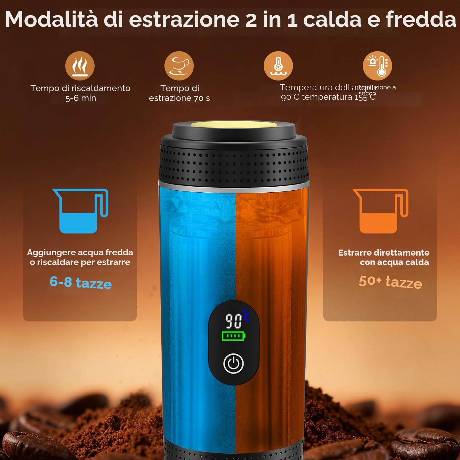 Macchina da caffè portatile 3 in 1 con batteria ricaricabile e auto-riscaldamento USB-C, compatibile con capsule e caffè macinato, mini espresso portatile per campeggio, viaggio, auto, grigio