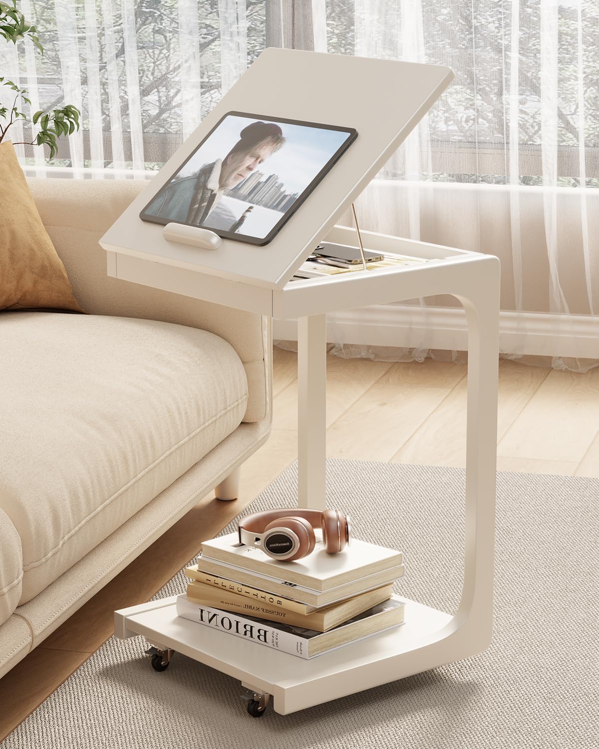 AQIMUELE Wooden C-Shaped End Table,Couch Table with Adjustable Desktop,Small Rolling Side Table with 2 Lockable Wheels,Small End Table for Couch,