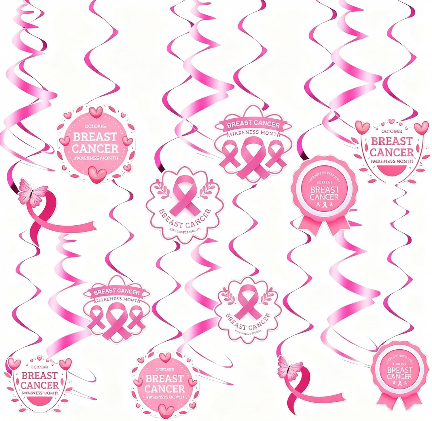 Meaningful Gift for Women’s Support and Awareness Events - Breast Cancer Awareness Decorations, 24PCS Pink Ribbon Hanging Swirls Ceiling Streamers, Hope & Support Hanging Cards