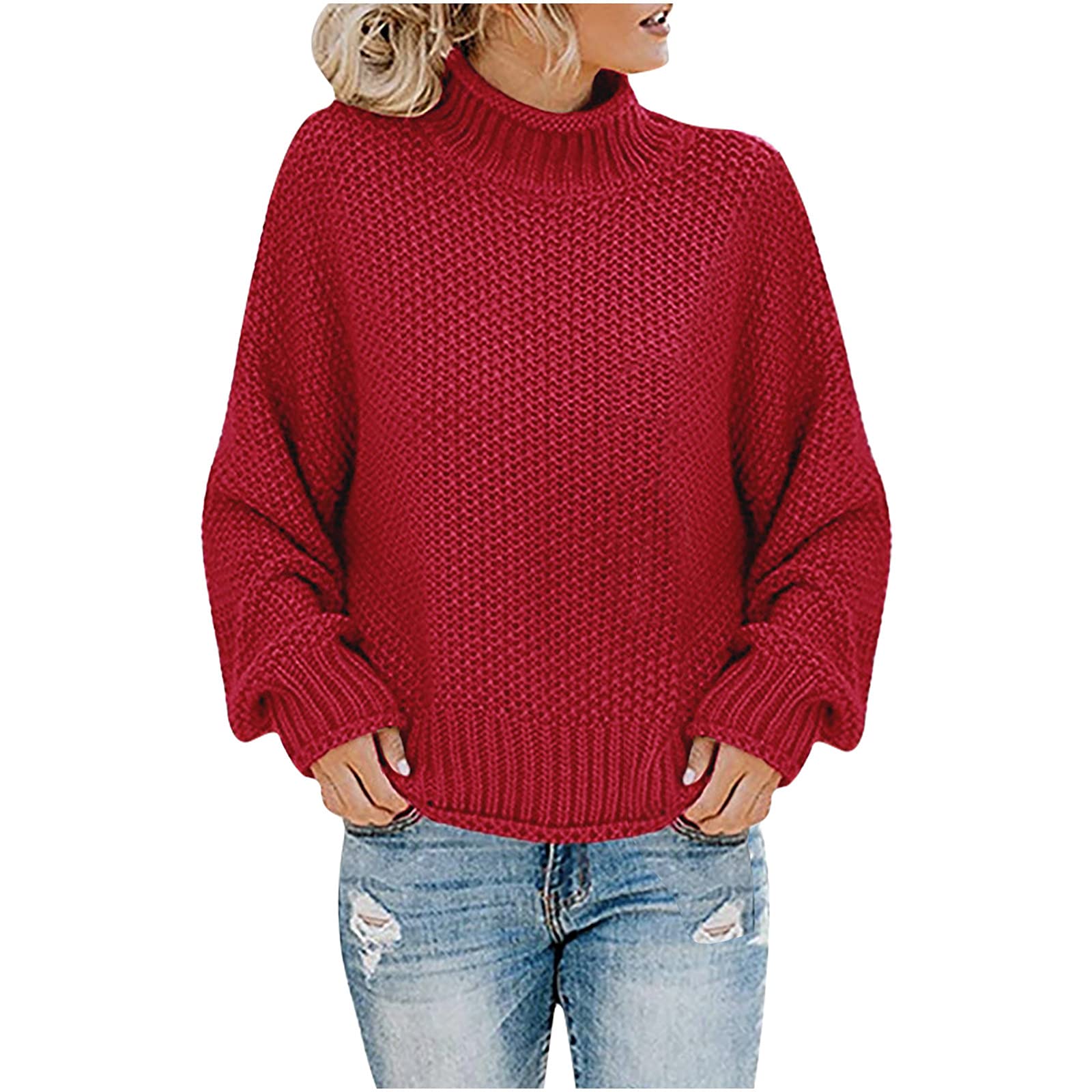Womens Turtleneck Sweaters Chunky Knitted Long Sleeve Pullover Tops Color Block Loose Casual Jumper Tops