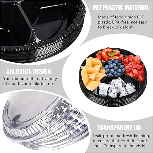 Miniatura 3 de Paquete de 15 bandejas redondas de plástico para aperitivos con tapa, platos redondos de plástico de 10.4 pulgadas, 6 compartimentos divididos,