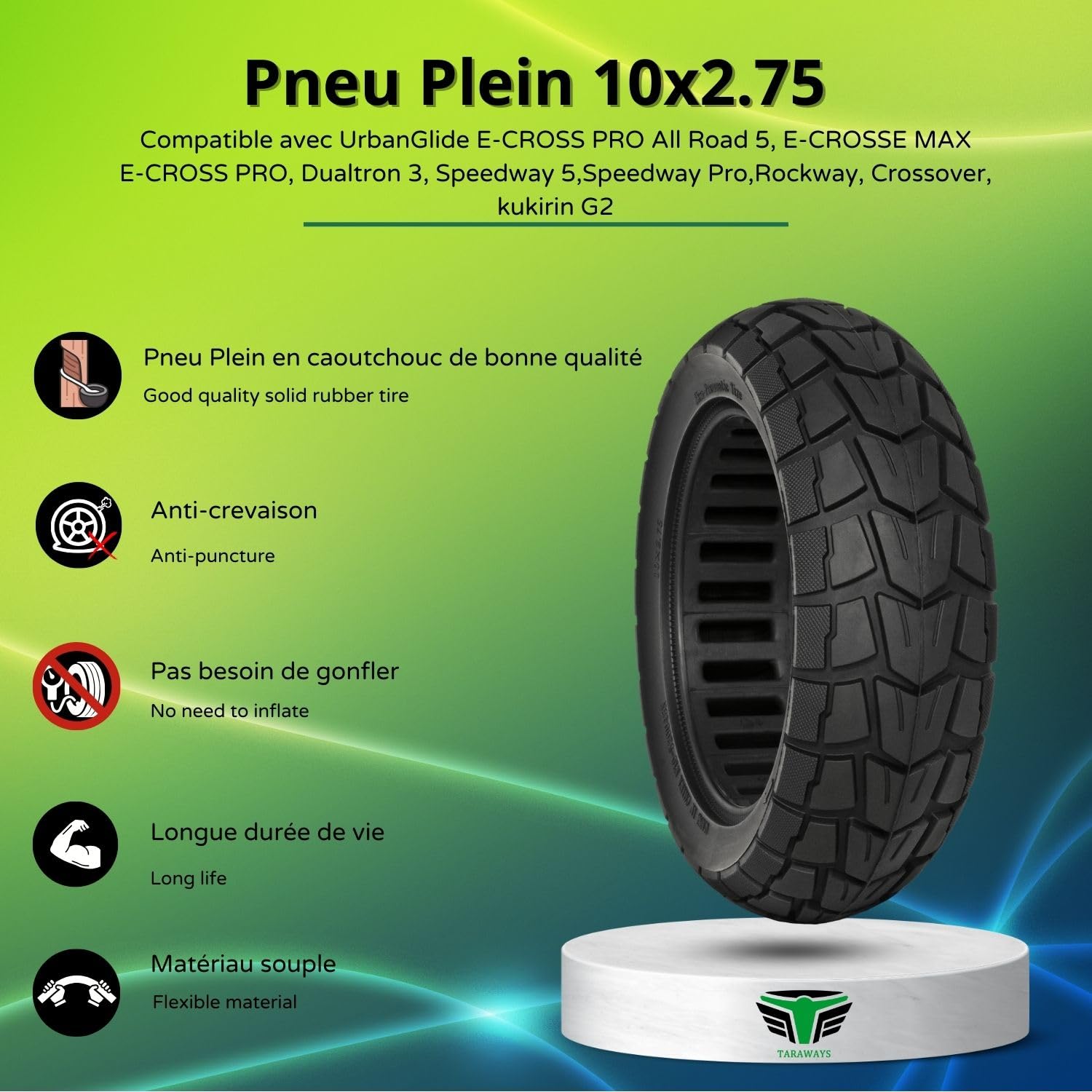 Pneu Plein Anti-Crevaison 10x2.75 (10x2.7-6.5) Pouces pour Trottinettes Electrique UrbanGlide E-CROSS PRO All Road 5, E-CROSSE MAX, E-CROSS PRO kukirin G2 (1xTire)