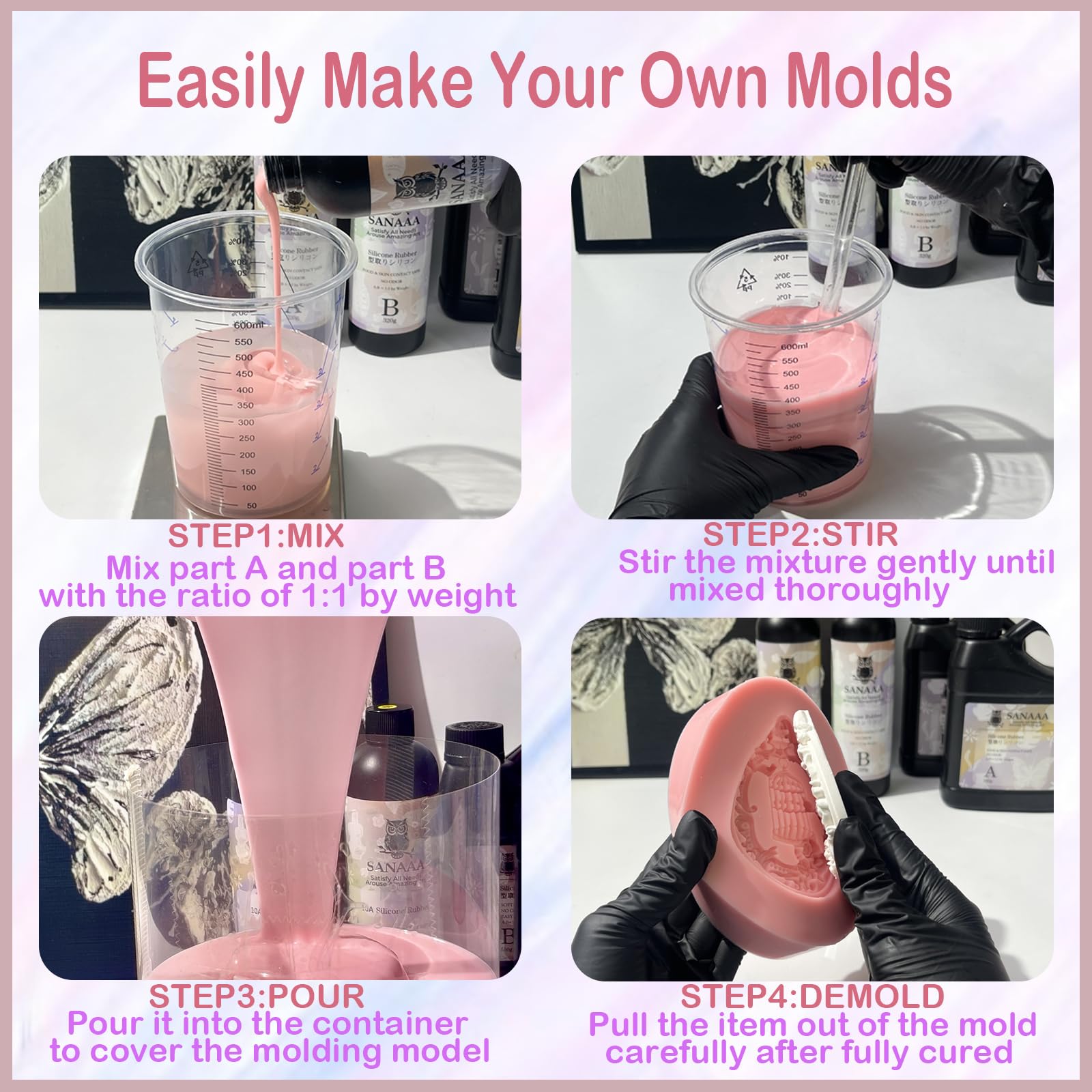 SANAAA RosaSilicona Líquida Goma de Silicona para Moldes 1:1, DIY, Fundición, Manualidades, Molde de Jabón (1100g)