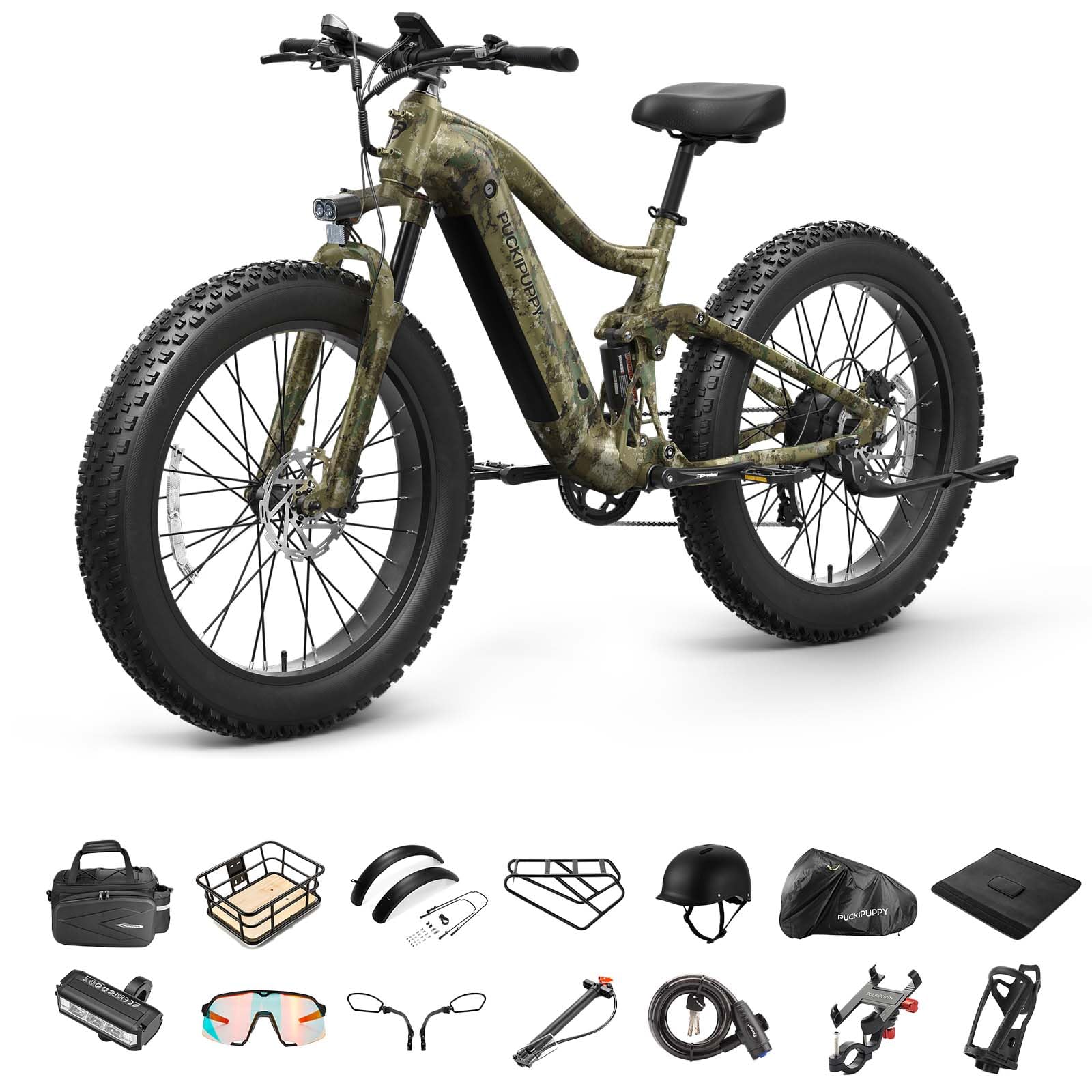 PUCKIPUPPY Boxer Electric Bike for Adults 960W, 48V 20AH Battery Ebike, Full Suspension 26" Fat Tire E Bike, 28MPH 80Miles Range Mountain Electric