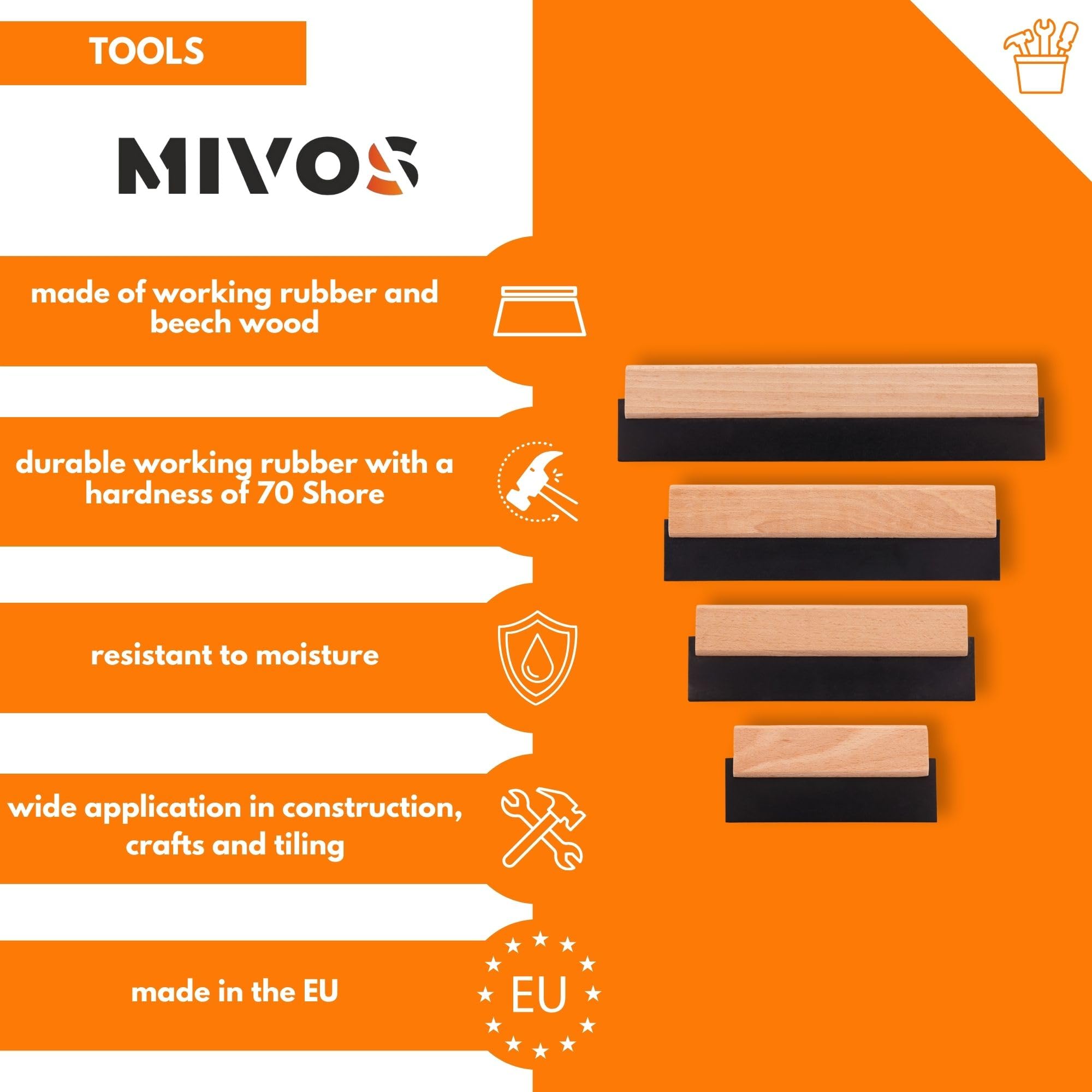 MIVOS Rubber Spatula - Tile Spatula Set - 150 mm - 200 mm - 250 mm - 300 mm - Grout Rubber Wooden Handle - Grout Rubber - Made in EU - Image 2