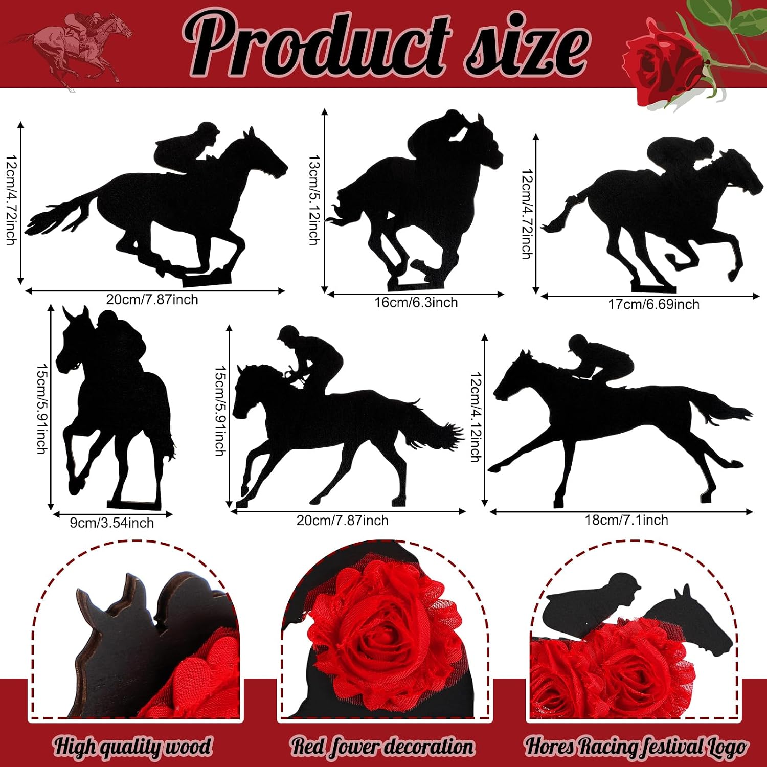 Sliner 6 Pcs Derby Table Decorations Horsing Racing Wooden Sign Stand Roses Horse Racing Wood Centerpiece Tiered Tray Decor Freestanding Signs Derby Day Decor for Gift Desk Party image 4
