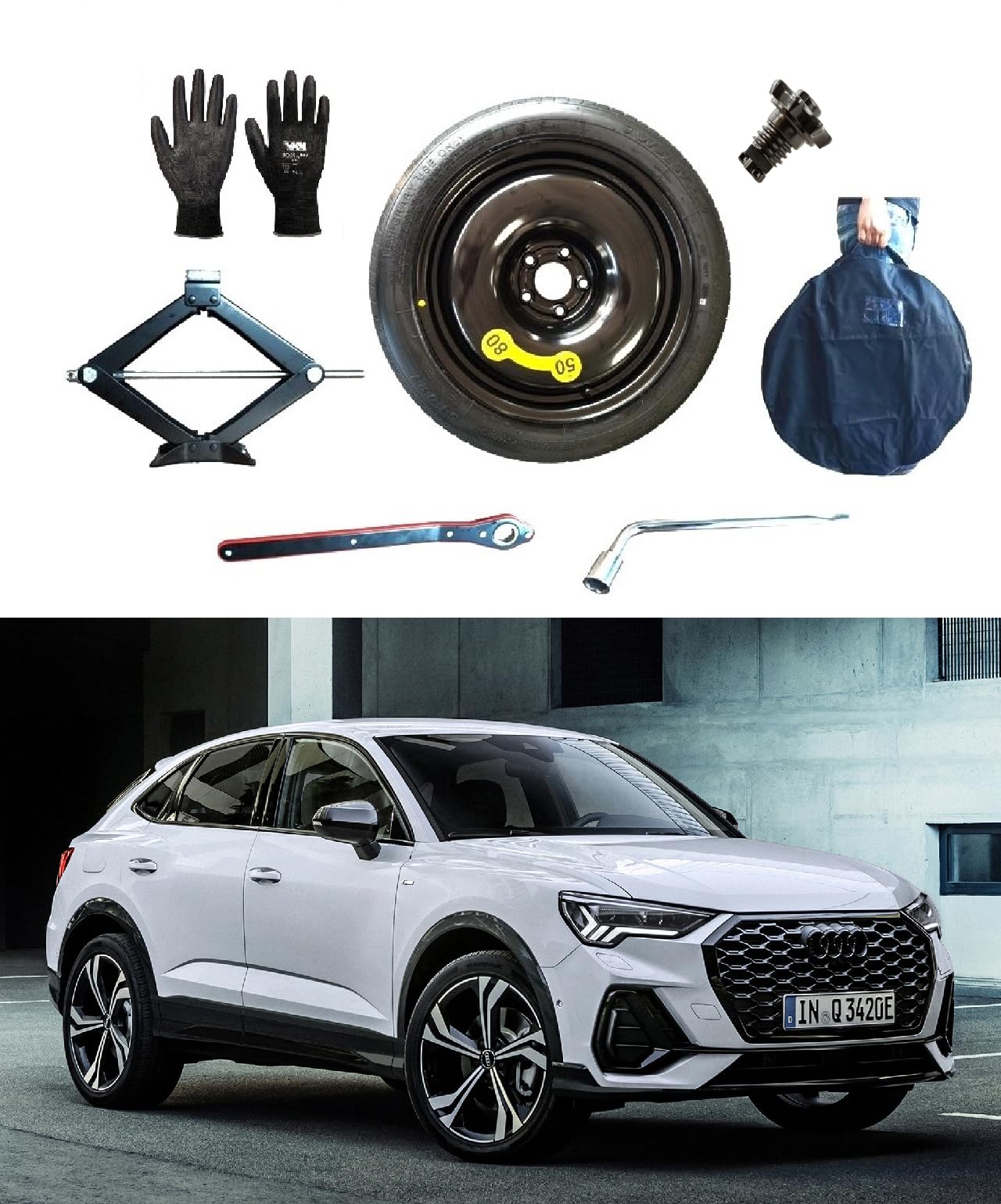 Notrad 18" kompatibel mit Audi Q3 Sportback mit Wagenheber, Schlüssel, Fixierungsschraube, Handschuhe und Tasche