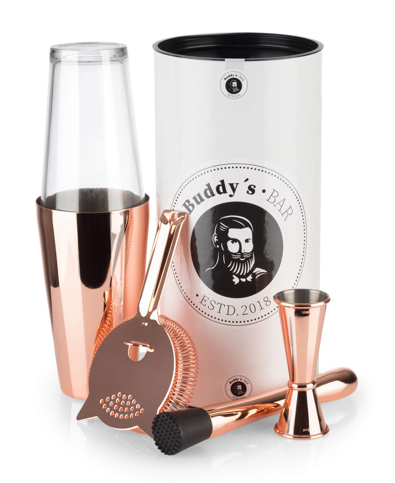 Buddy's Bar - "Boston Bar-Set", 700 ml, shaker bostoński, miarka barowa, tłuczek, sitko barowe, bezpieczny dla żywności, zestaw barowy z pudełkiem upominkowym, polerowana miedź