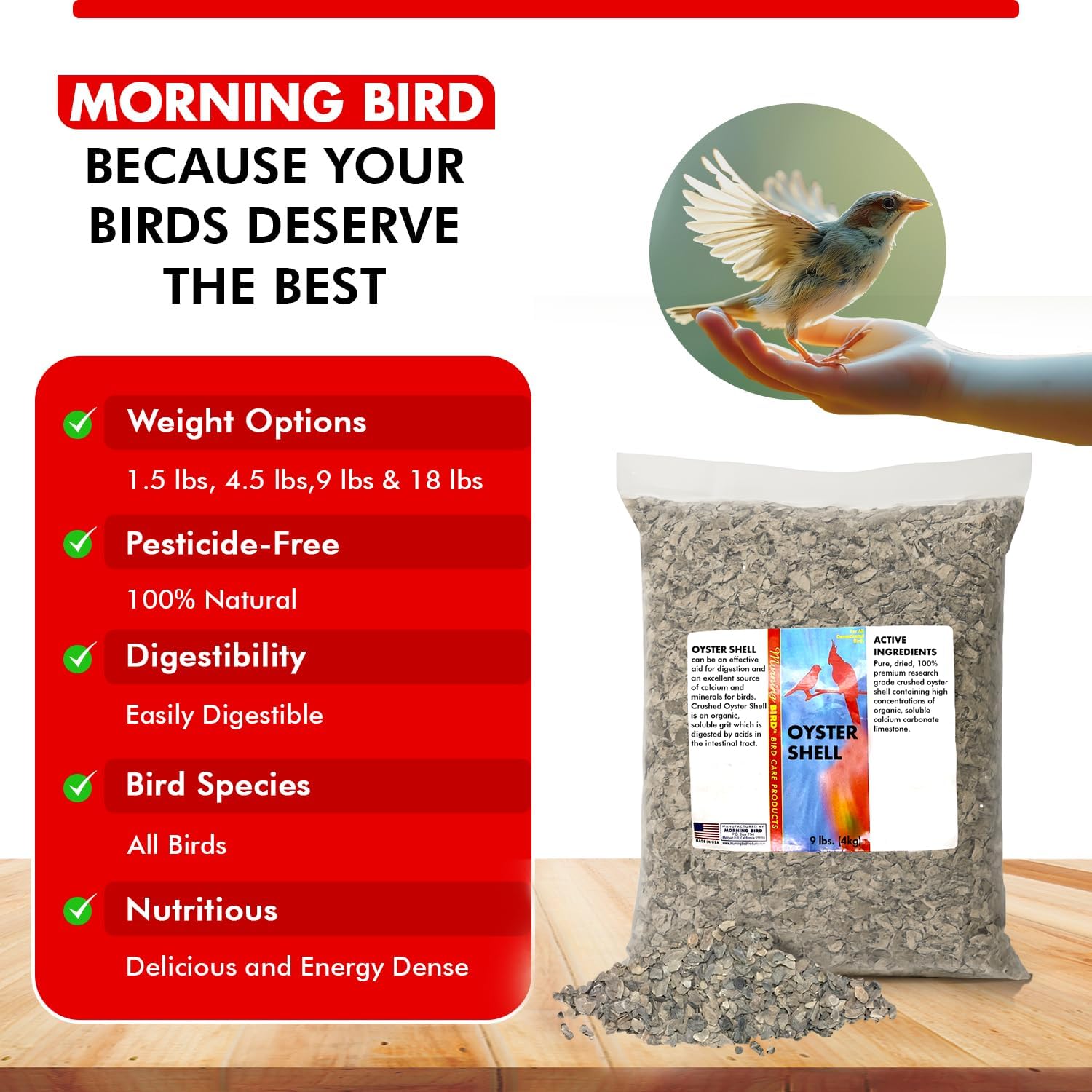 Morning Bird Oyster Shell for Birds 9 lbs - Natural Calcium Supplement – Sustainably Harvested from California Coast - Easy Add to Favorite Mix - Safe Year-Round Bird Food Additive