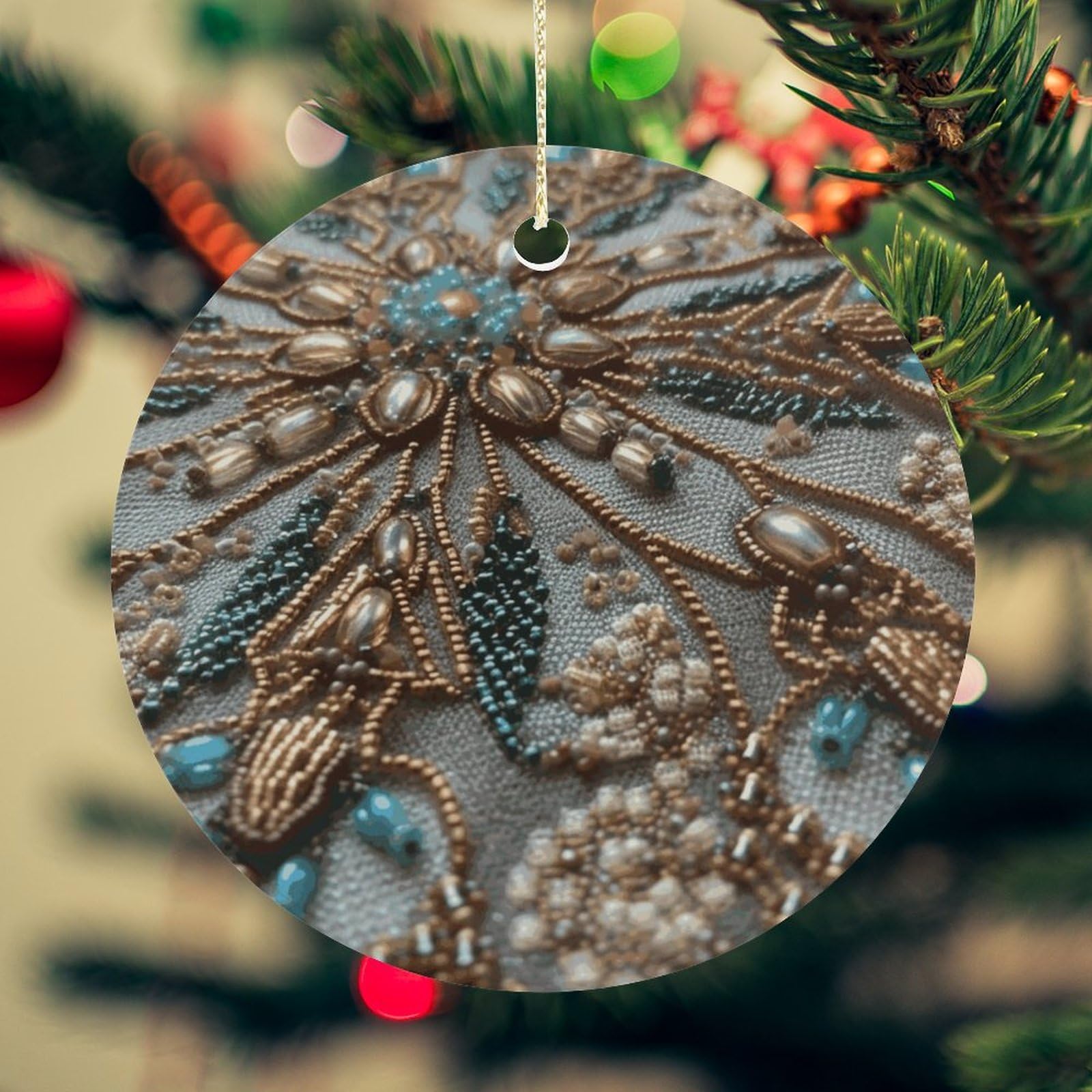 Delicate Beadwork Christmas Ornament for Christmas Tree Ceramic Round Ornament Winter Holiday Keepsake Gift 2.7" Christmas Tree Hanging Decorations Circle Ceramic Pendant Xmas Gift
