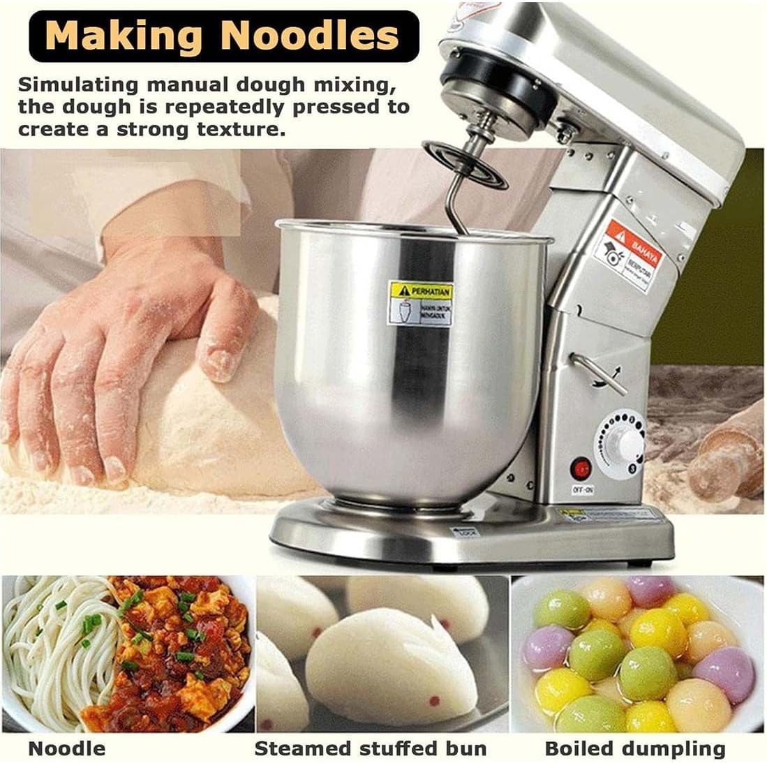 Impastatrice Planetaria Professionale 500W con Gancio per Pane, Ciotola Inox 5L/7L/10L, Testa Ribaltabile 3 velocità per Impastare Dolci, Pizza e Pasta Fresca - Funzionamento Ultra Silenzioso,7L