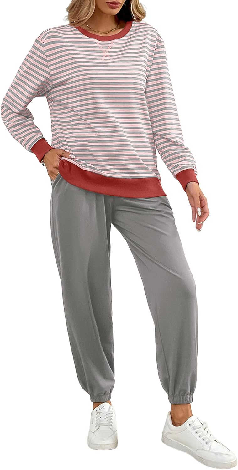 Women's Cozy 2 Piece Outfits Lounge Sets Striped Color Block Long Sleeve Tops Jogger Sweatpants Sweats Track Suits Set - Image 4