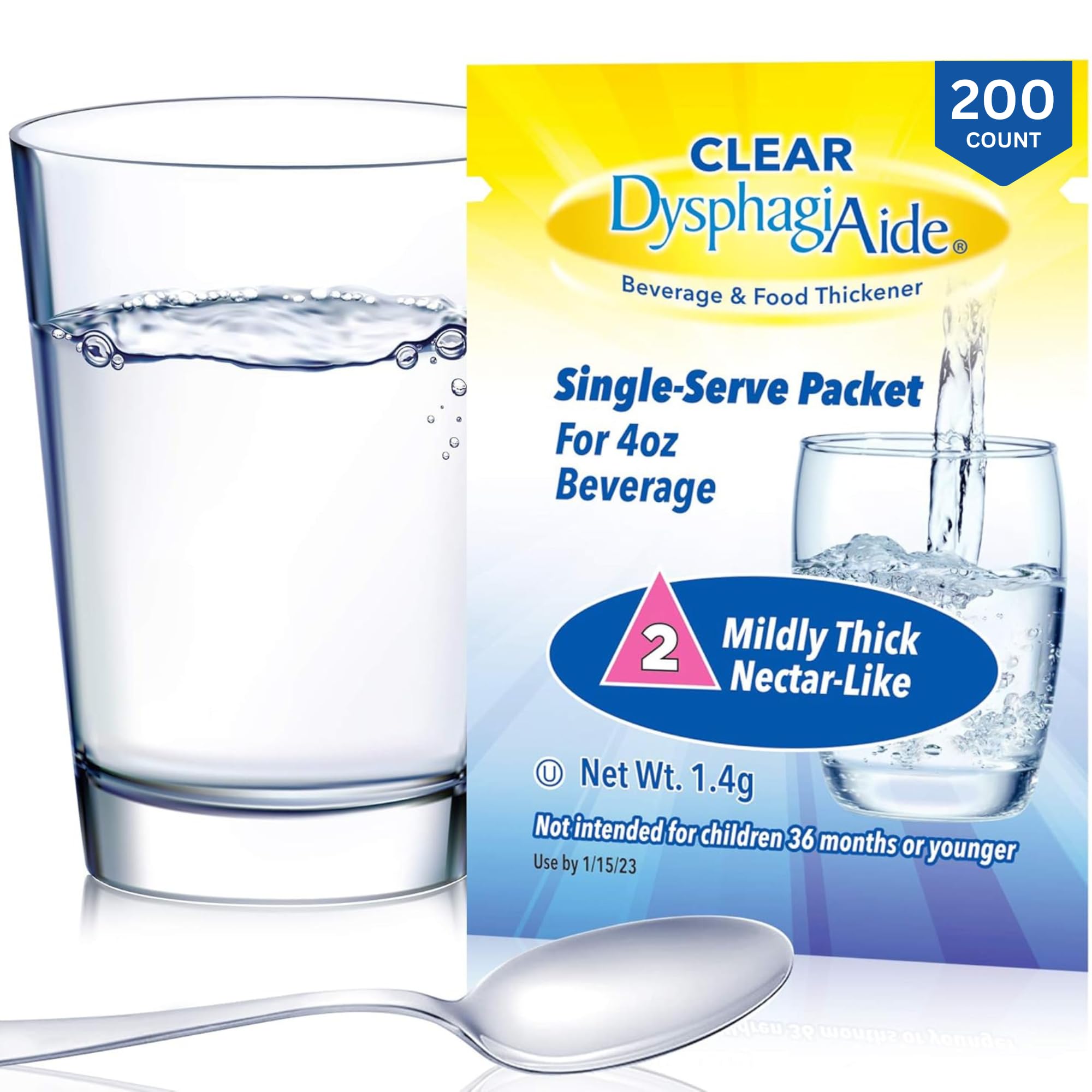 Clear DysphagiAide Thickener, IDDSI Level 2 Mildly Thick (Nectar-Like) Single Serving Packets, 200 Count