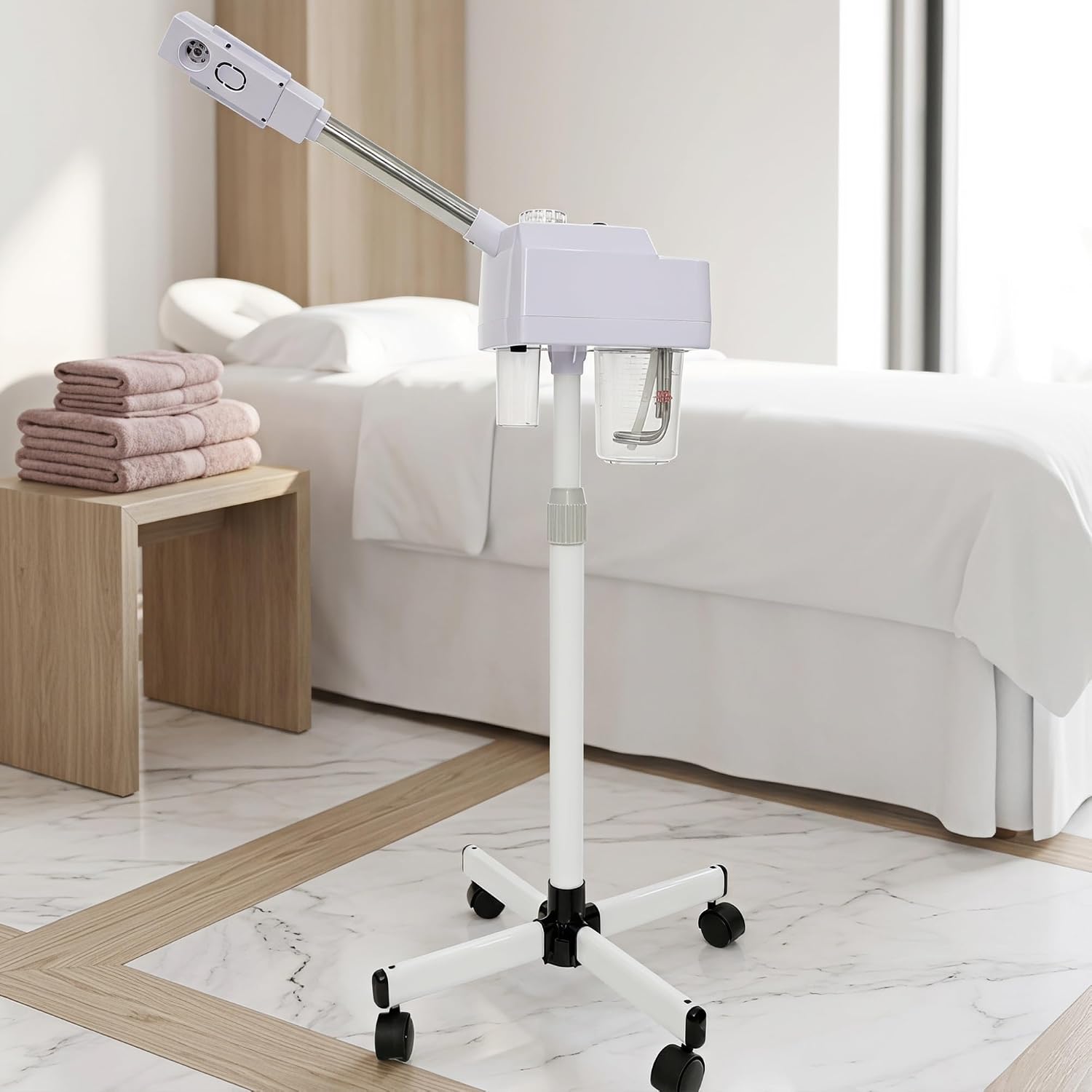 Professional Facial Steamer for Salon & Home Spa, with Height Adjustable Stand & 360° Rotatable Arm, for Herbal & Aromatherapy Skin Treatment(White)