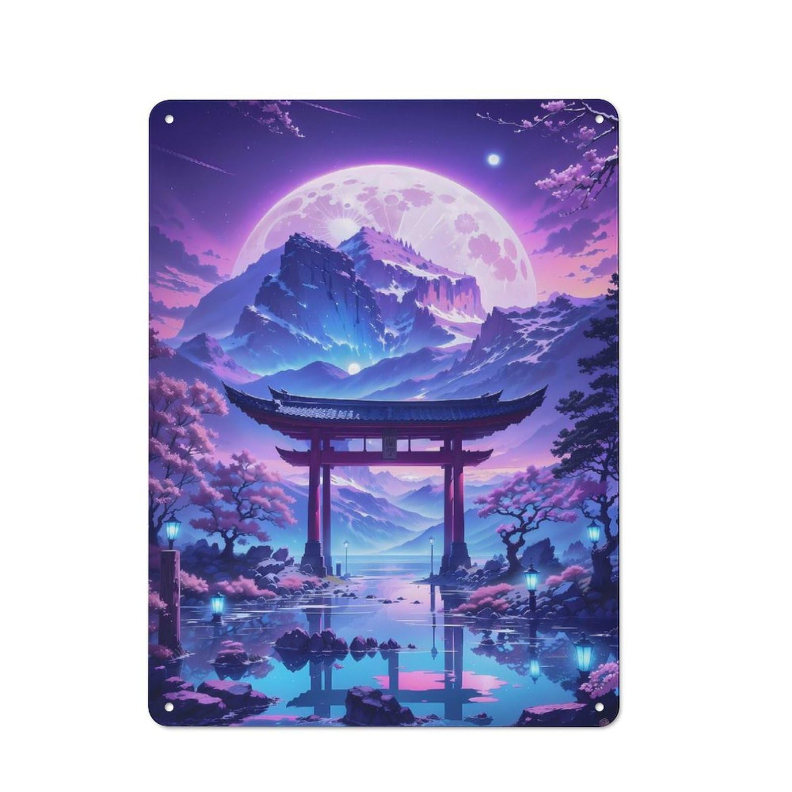 Junmoney Style-4 Sakura Moonlit Lake Tin Wall Plaque 40X30cm, Rustic Cottage Wall Art For Dining Room, Cafe, Entryway Or Family Room