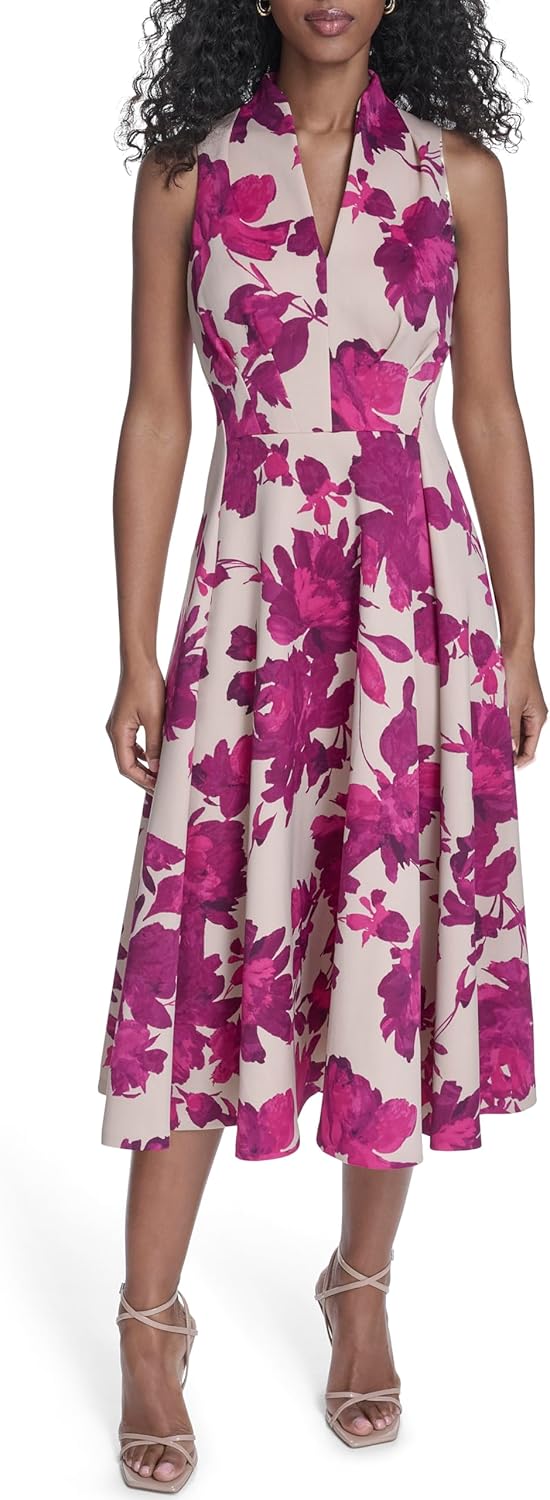 Calvin Klein Women's Sleeveless Collared Neck Floral Scuba A-line Dress
