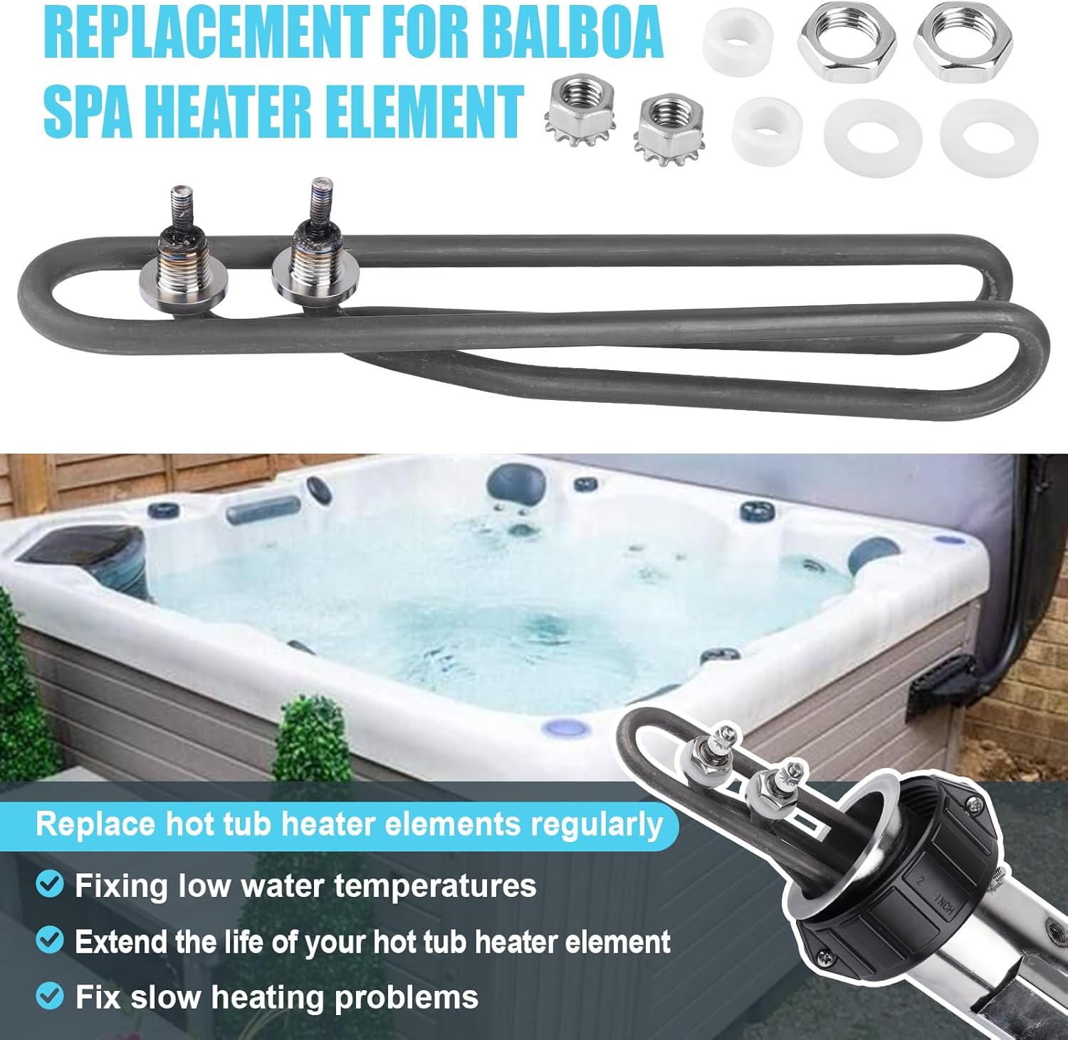 5.5kw 240v 316 Stainless Steel Hot Tub Heater Element for Balboa Spa Heater Element, Replace Balboa M-7, Brett Aqualine, Hydroquip Flo-Thru Universal Hot Tub Heating Element