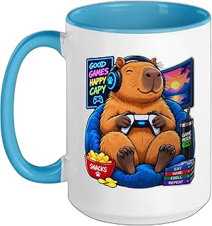 Good Games Happy Capy Capybara Gamer Gaming Controller Ceramic Mug, Blue/White, 15oz