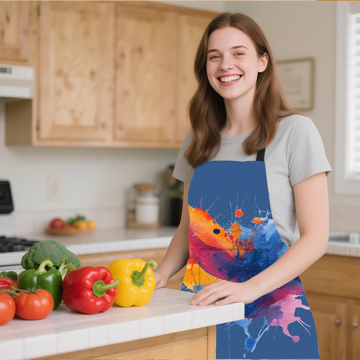 ANNA QUEEN Funny Cat Apron for Women Men with Pockets, Spring Sunflower Butterfly Apron Kitchen Chef Cooking Aprons
