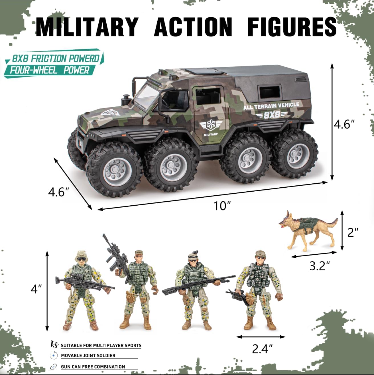 i diy Military Vehicle & Police Car Toy Set with Sound Lights Music, 4 Army Men Action Figures & K9 Dog - Friction Powered Battle Playset for Kids Ages 3-12