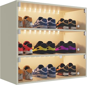 Wooden Shoe Storage Box, 3 Layers Shoe Organizer Storage Box with Glass Door, RGB Led Light and APP Control for Up to 9 Pairs of Shoes, Shoe Storage Bin for Display Sneakers, Off White
