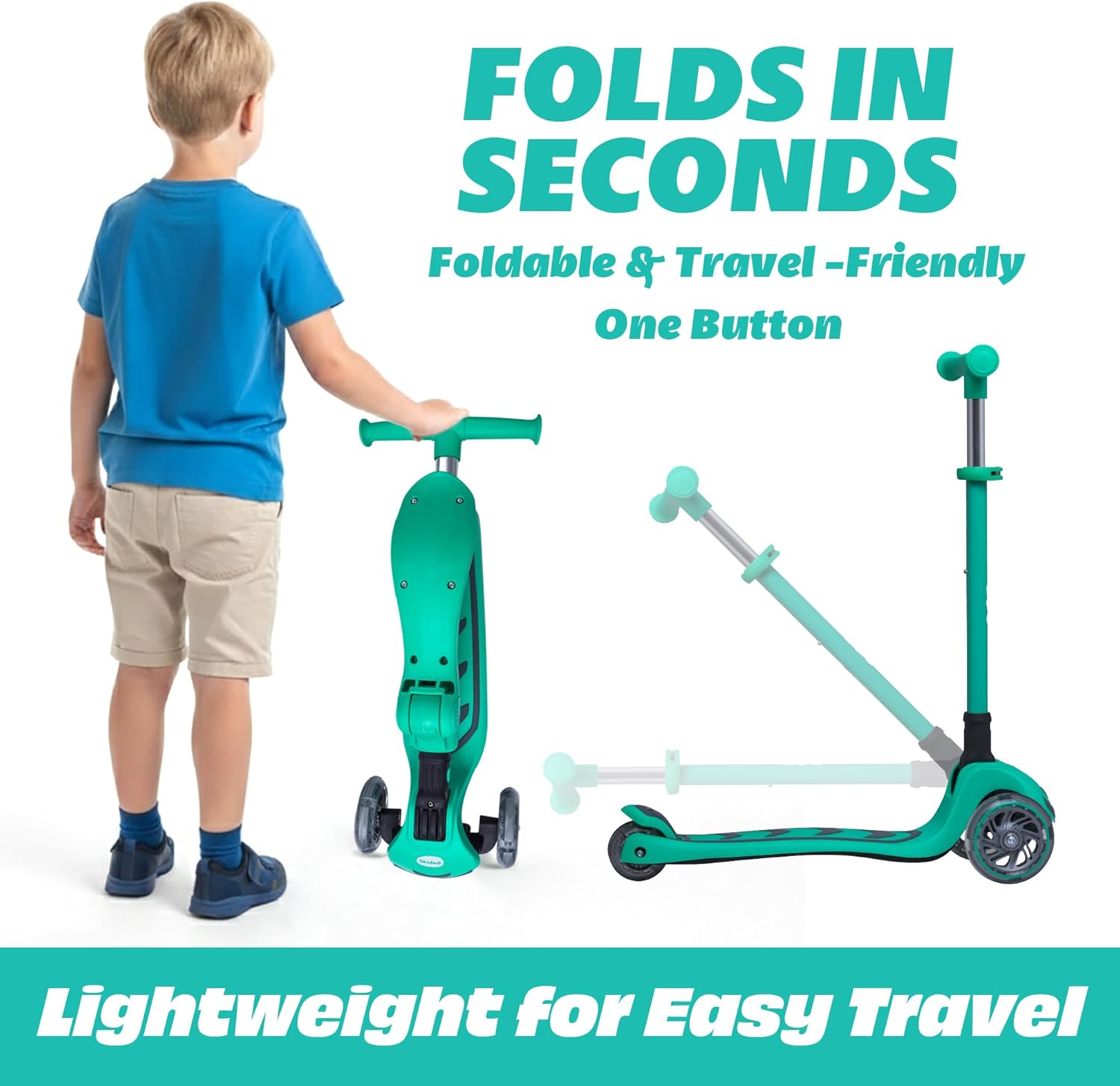 SKIDEE Kick Scooter for Kids Ages 3-5 | Foldable 3 Wheel Scooter with Lean-to-Steer, Adjustable Height, Removable Seat & LED Light Wheels | Toddler Scooter Up to 12 Year Old Boys/Girls